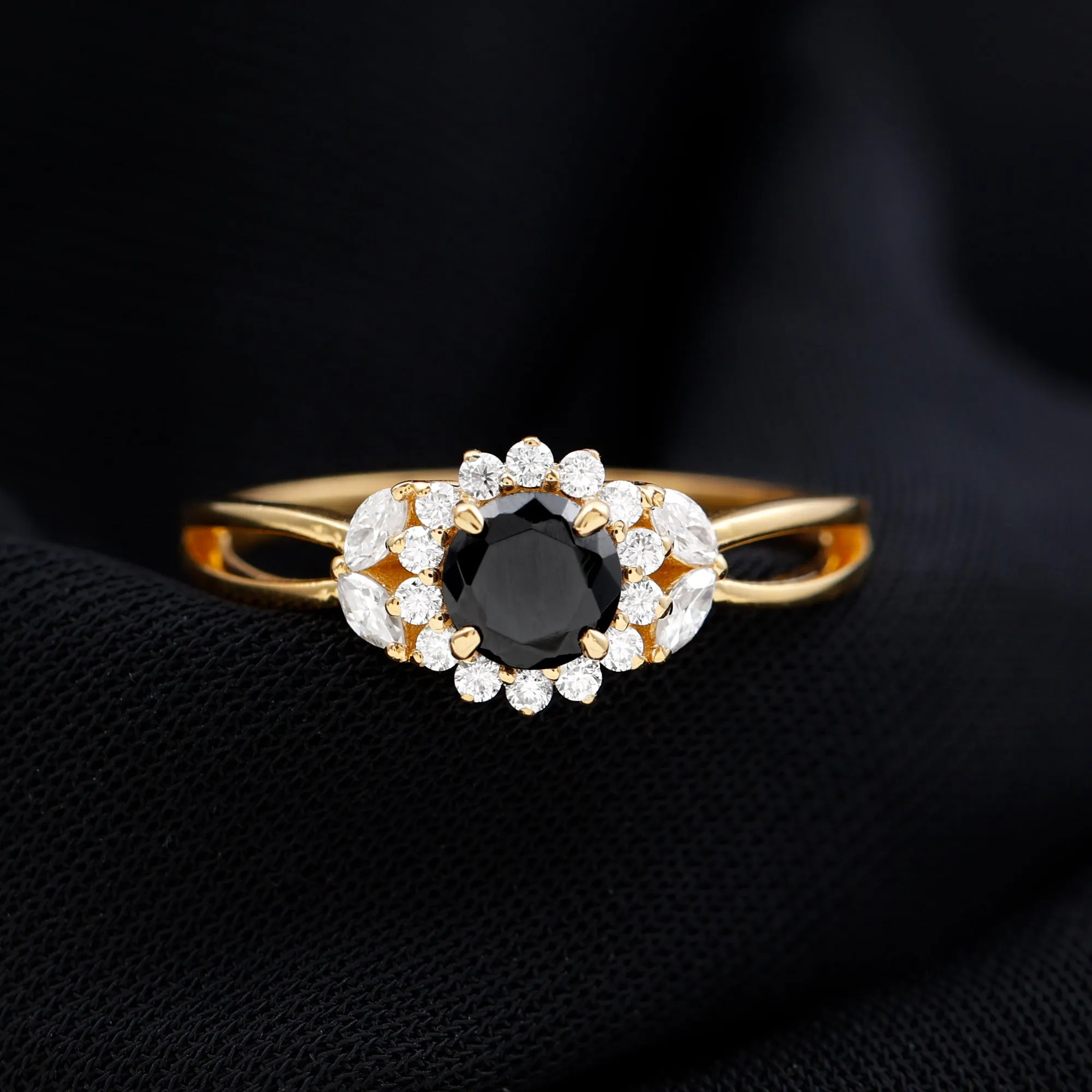 Created Black Diamond and Diamond Flower Engagement Ring in Split Shank