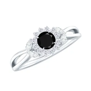 Created Black Diamond and Diamond Flower Engagement Ring in Split Shank