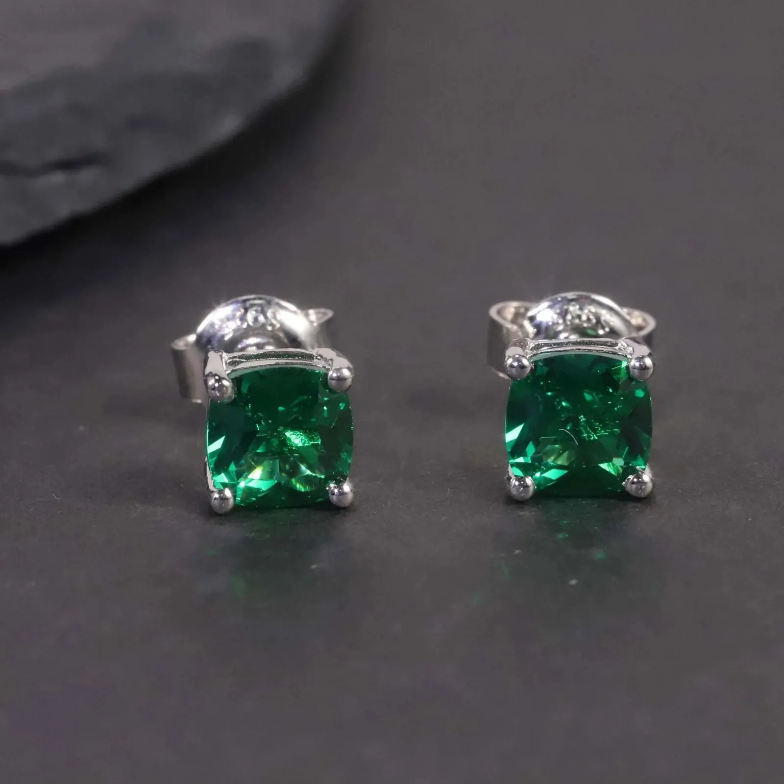 Cushion Cut Stud Earrings in Sterling Silver -  Emerald