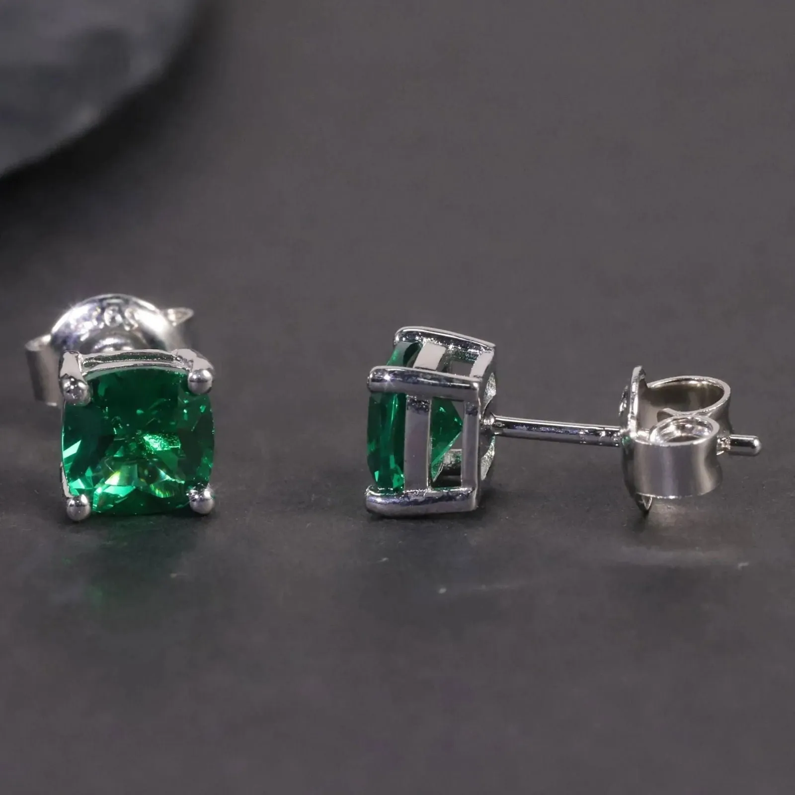 Cushion Cut Stud Earrings in Sterling Silver -  Emerald