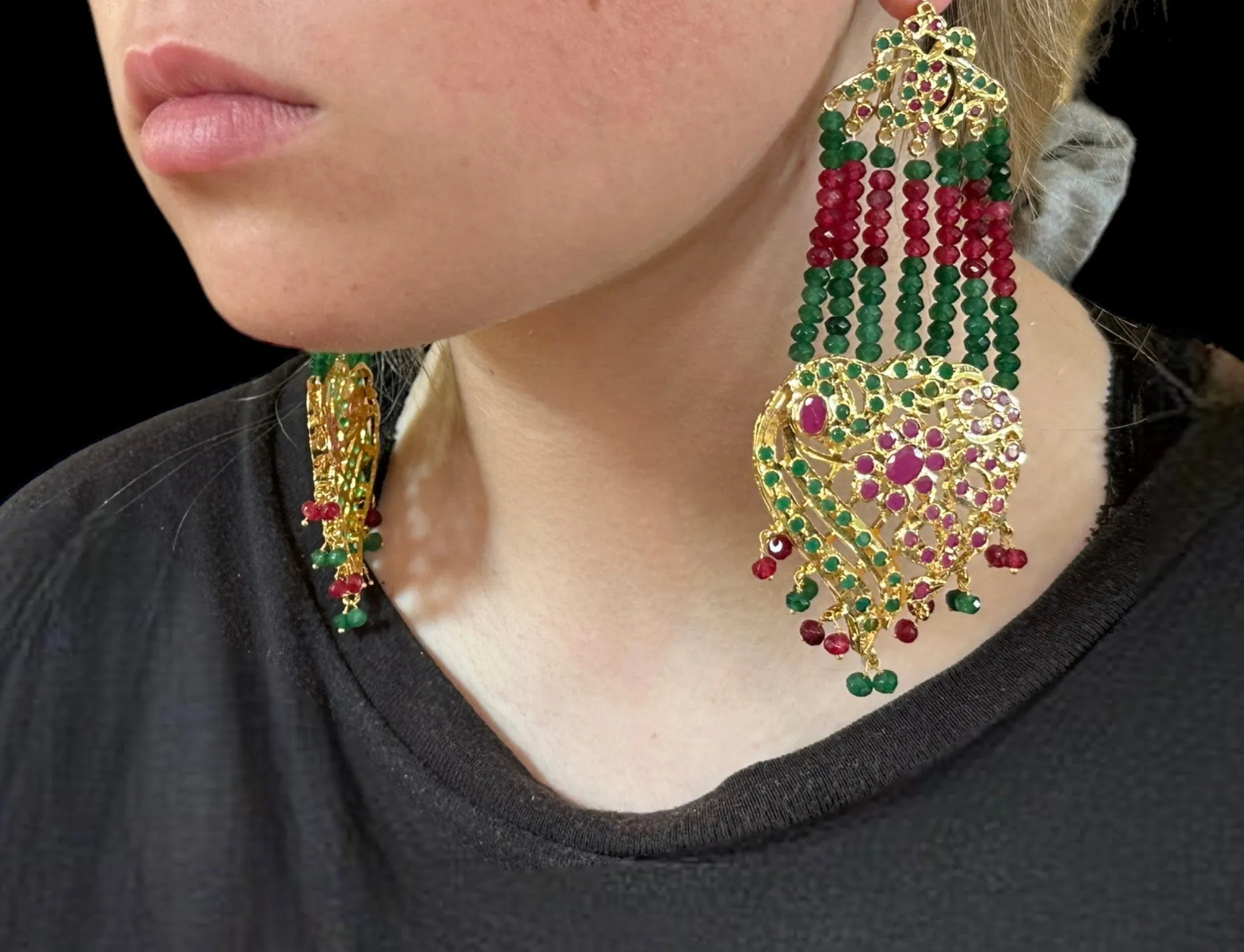 DER503 Ira gold plated earrings - ruby emerald ( READY TO SHIP )