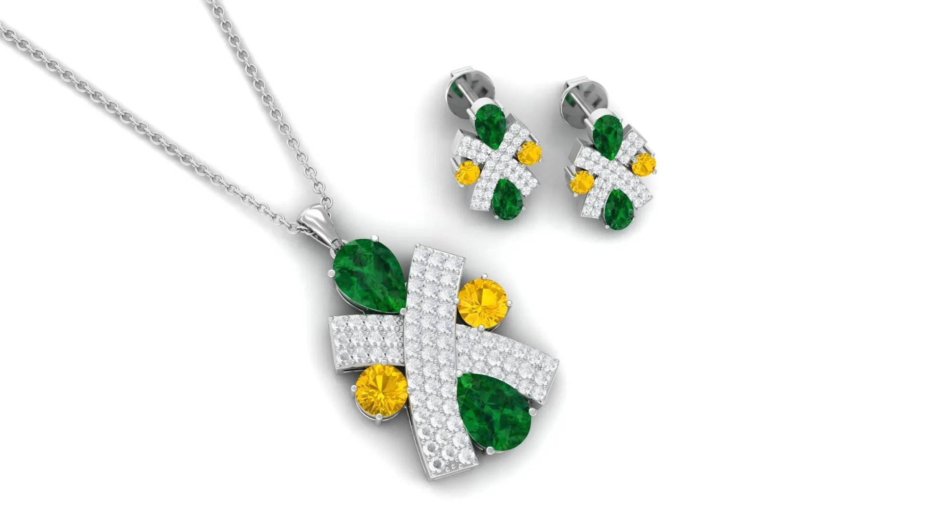 Designer Created Emerald and Yellow Sapphire Jewelry Set with Moissanite