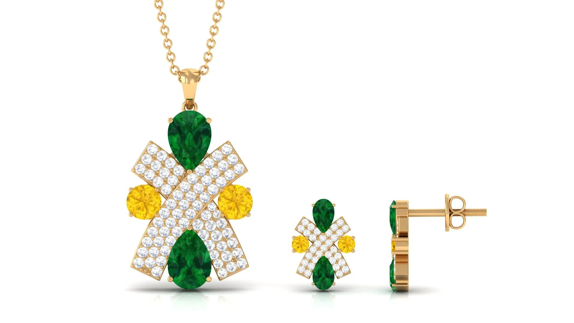 Designer Created Emerald and Yellow Sapphire Jewelry Set with Moissanite