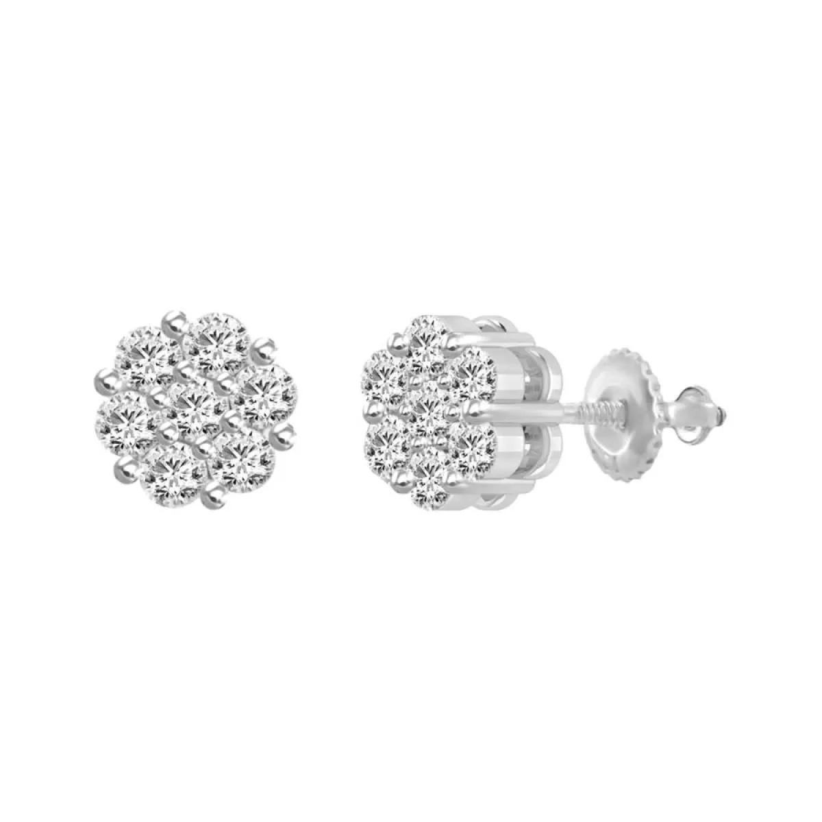 Diamond Flower Stud Earrings 14k White Gold Screw back 0.50cttw