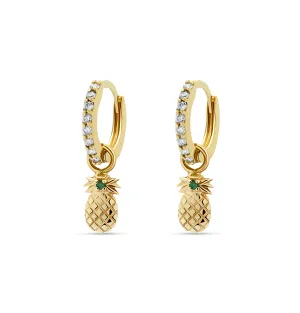 Diamond Pineapple Huggies - 14 karat gold huggie earrings, diamonds 0.22 ct, emerald 0.03 ct