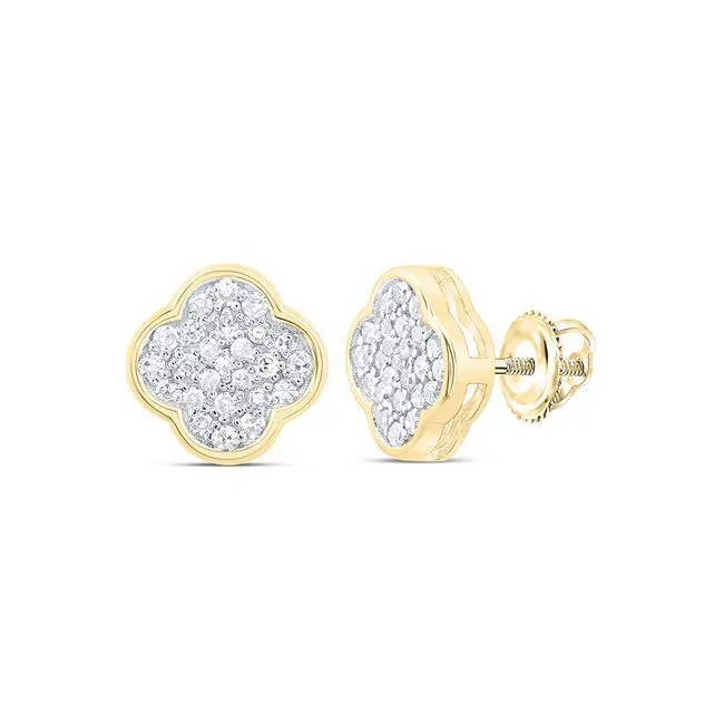 Diamond Round Stud Clover Earrings 10k Yellow Gold Screw Back