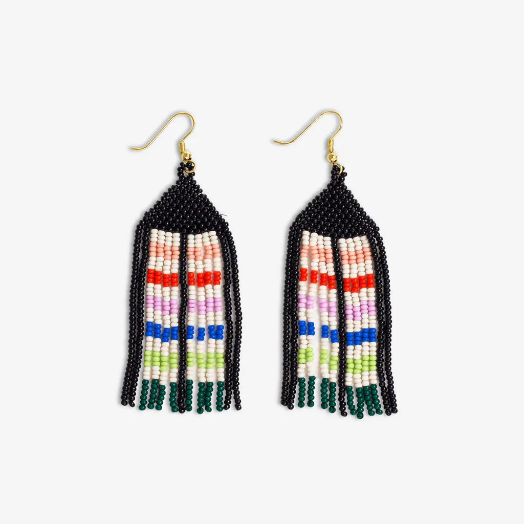 Dolly Striped Center With Black Border Beaded Fringe Earrings Rio