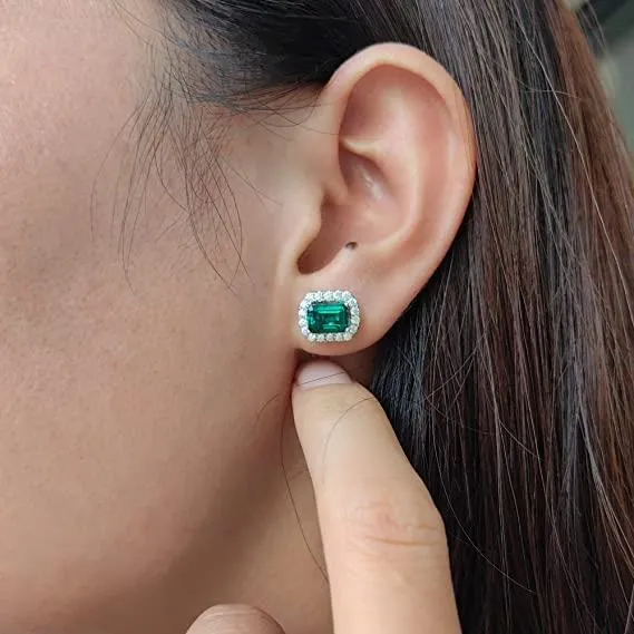 Doveggs sterling silver 2cttw emerald shape zambia emerald earrings push back stud earrings