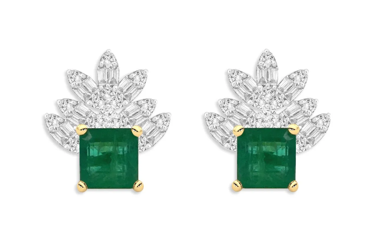 Earrings 18kt Gold Square Emerald & Marquise Illusion Diamonds