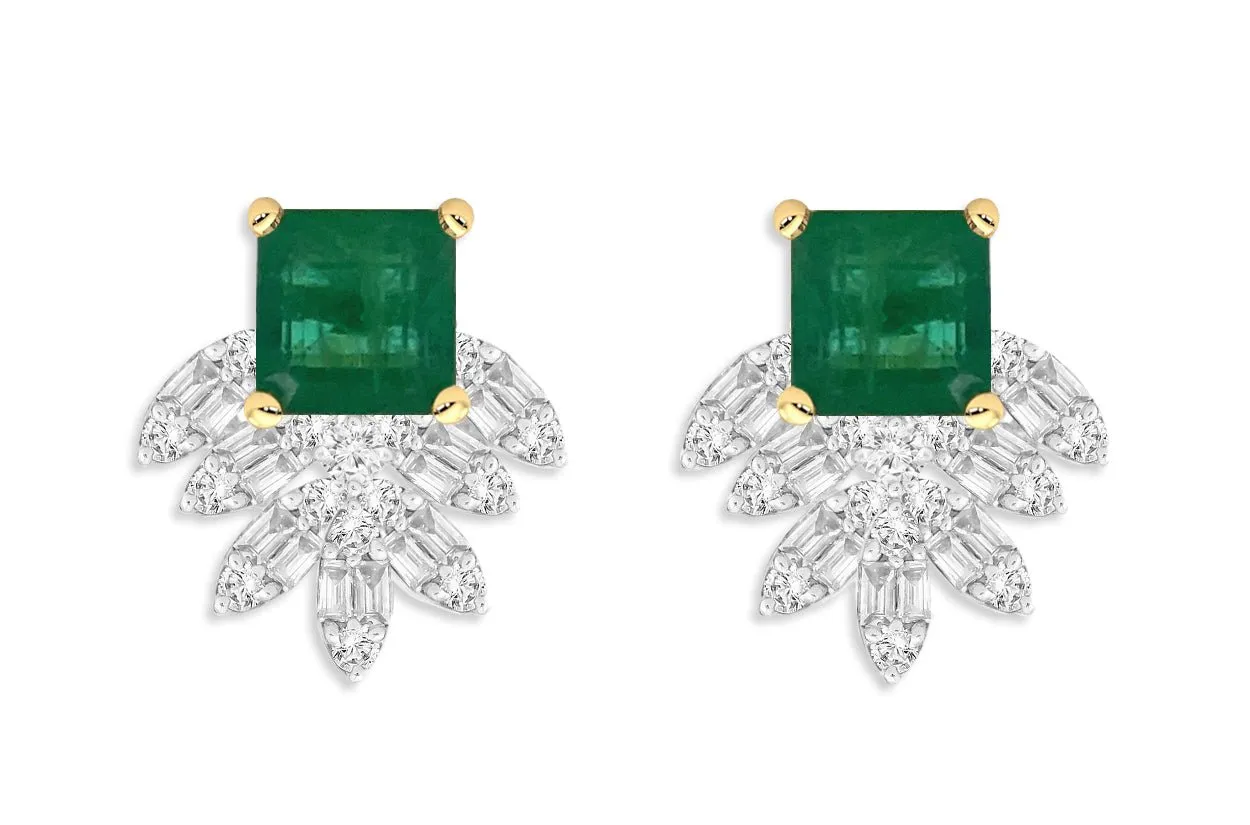 Earrings 18kt Gold Square Emerald & Marquise Illusion Diamonds