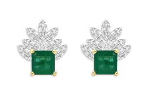 Earrings 18kt Gold Square Emerald & Marquise Illusion Diamonds