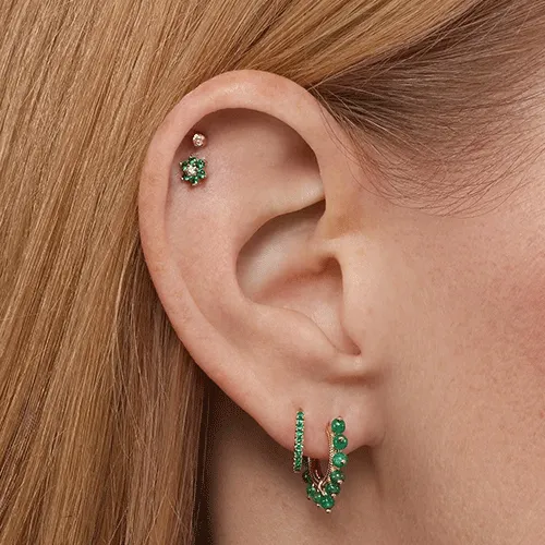 Emerald and Diamond Flower Threaded Stud Earring by Maria Tash in 18K Yellow Gold.