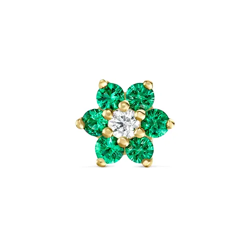 Emerald and Diamond Flower Threaded Stud Earring by Maria Tash in 18K Yellow Gold.