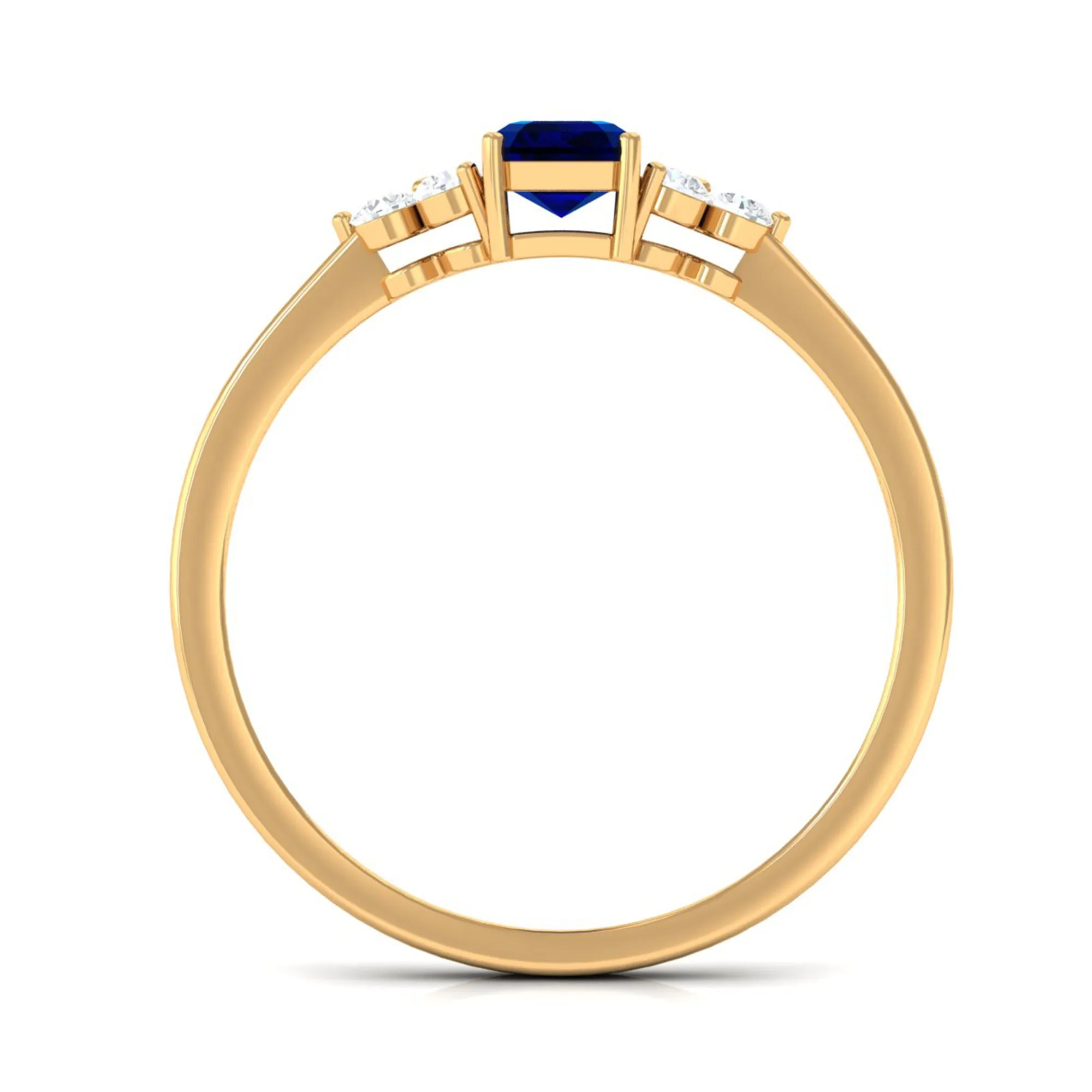 Emerald Cut Created Blue Sapphire Solitaire Ring with Diamond Trio