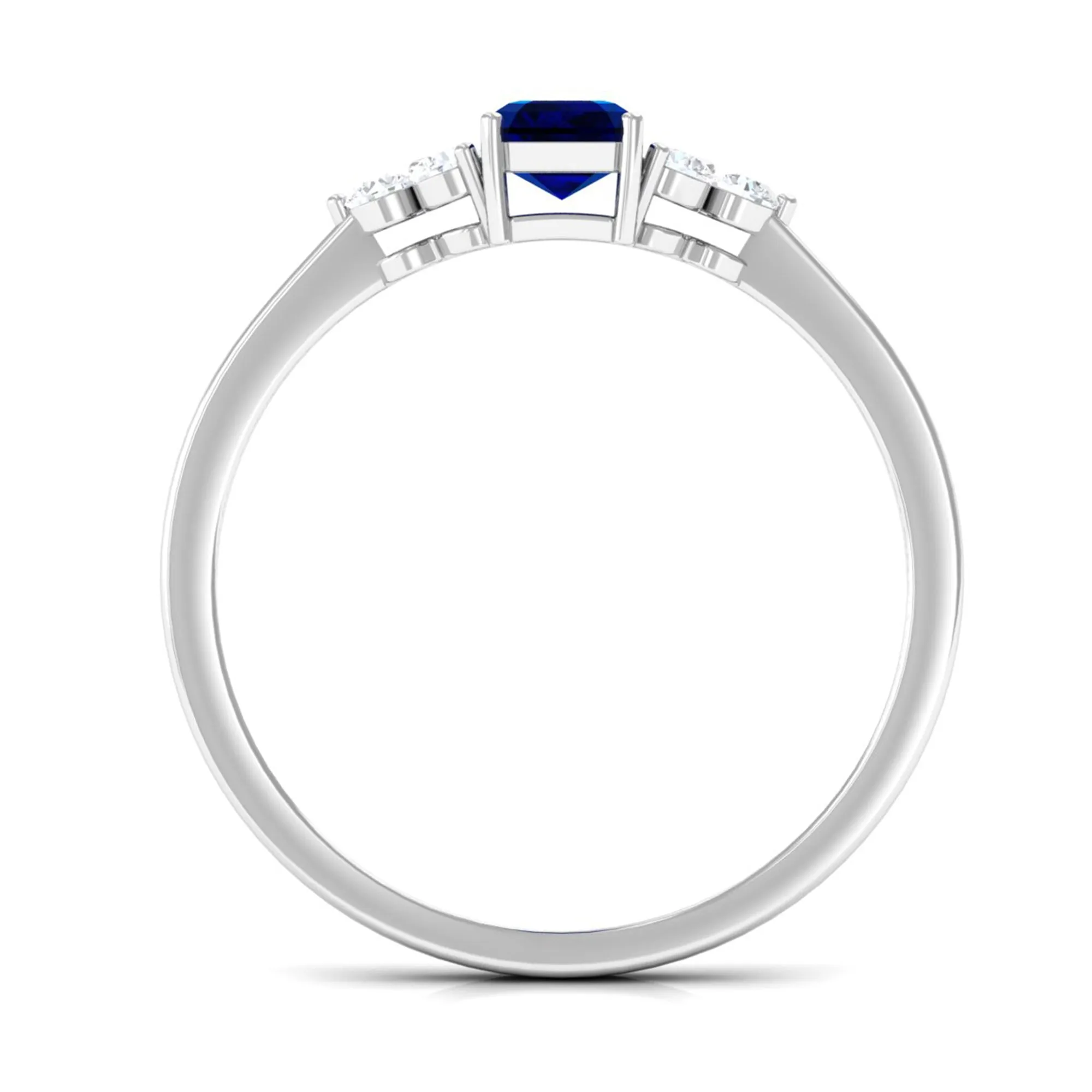 Emerald Cut Created Blue Sapphire Solitaire Ring with Diamond Trio