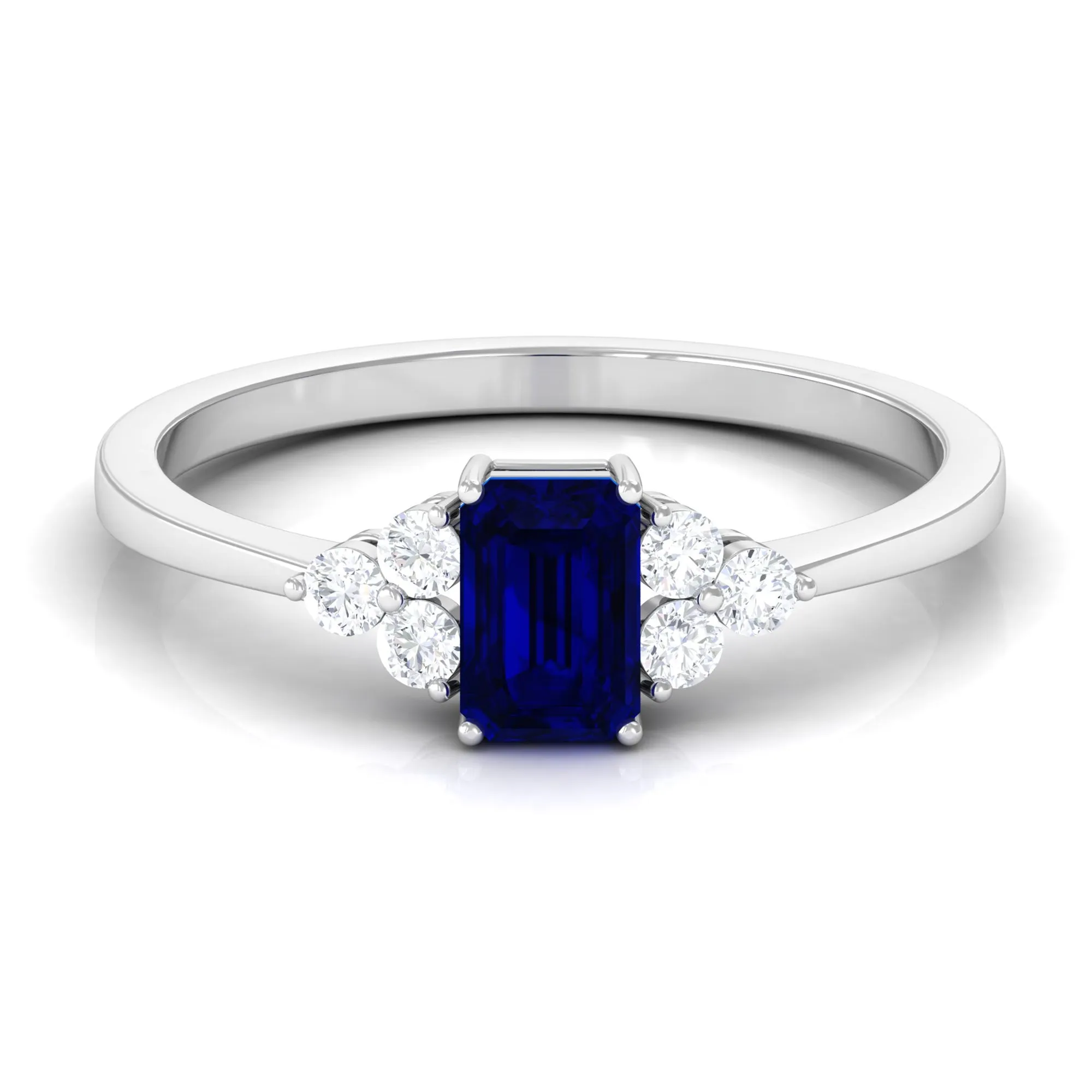 Emerald Cut Created Blue Sapphire Solitaire Ring with Diamond Trio