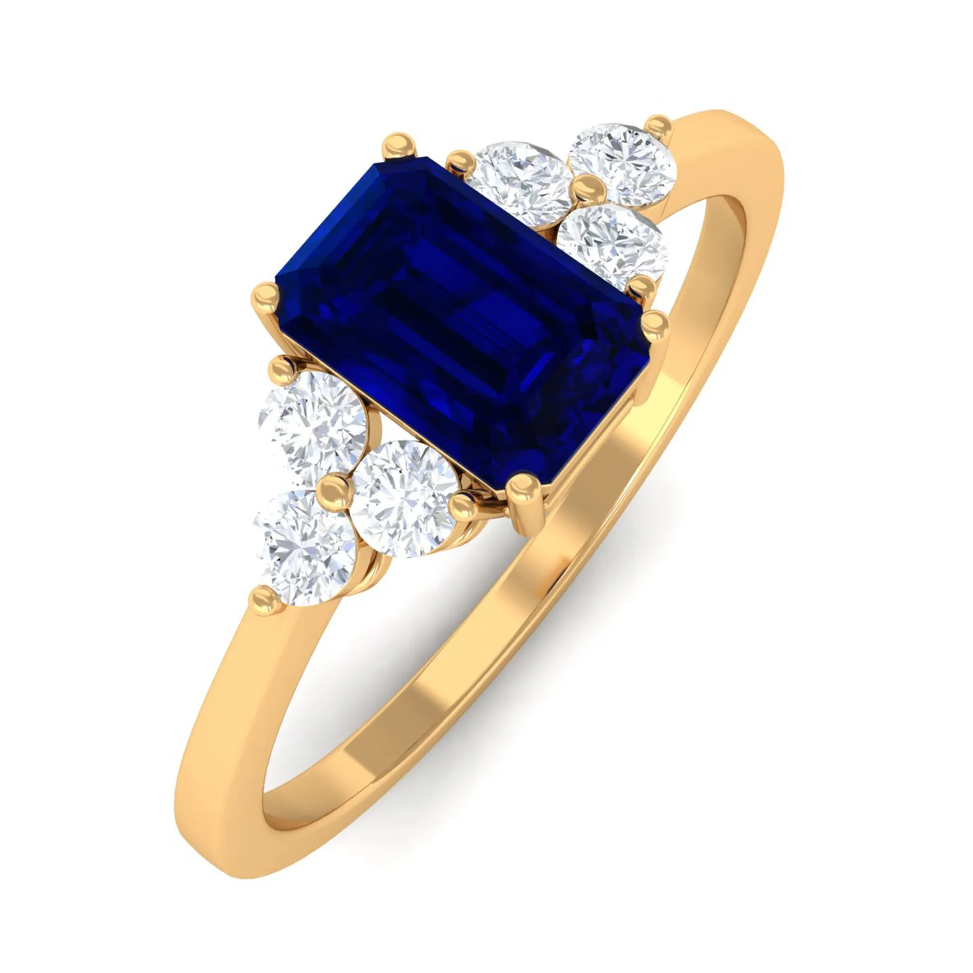 Emerald Cut Created Blue Sapphire Solitaire Ring with Diamond Trio