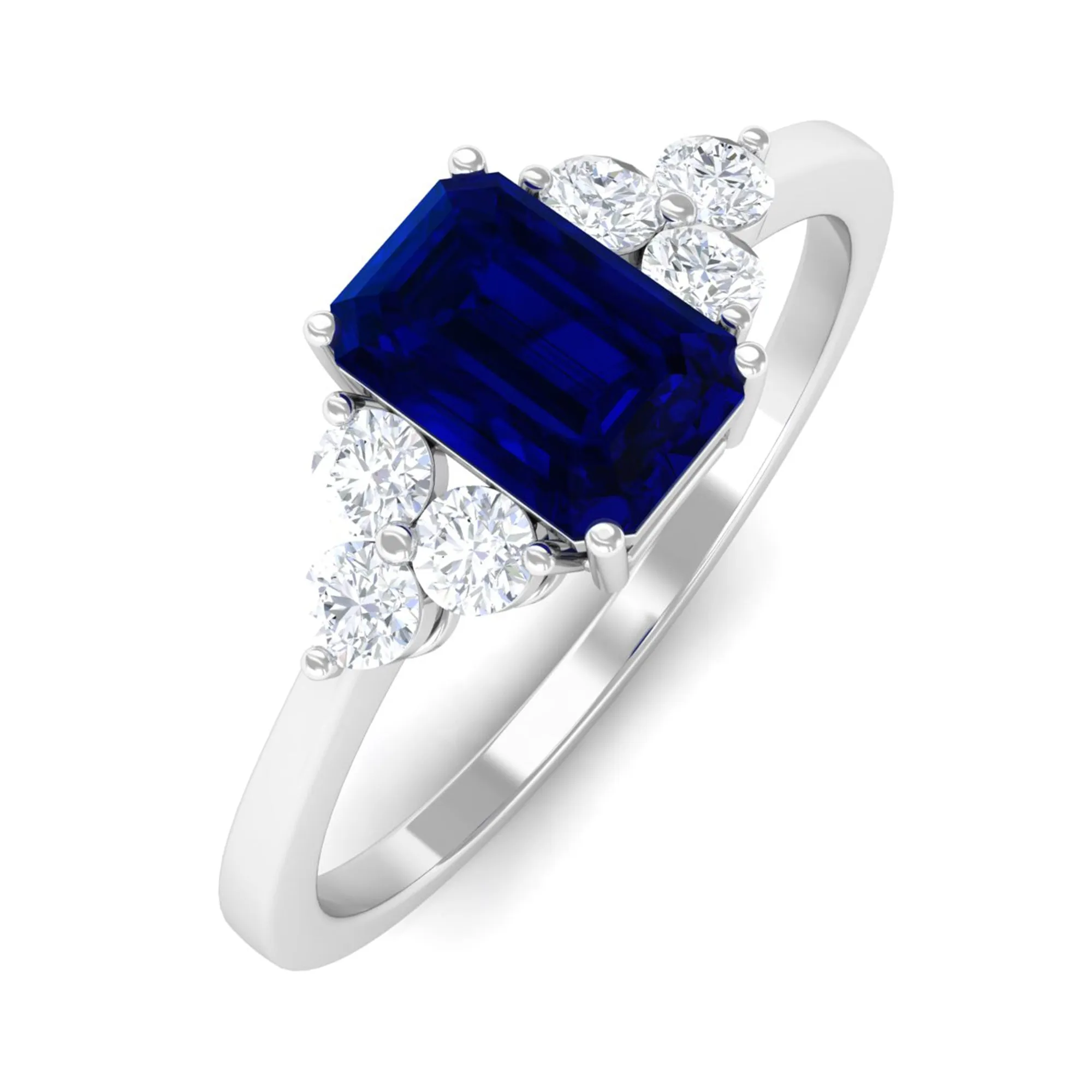 Emerald Cut Created Blue Sapphire Solitaire Ring with Diamond Trio