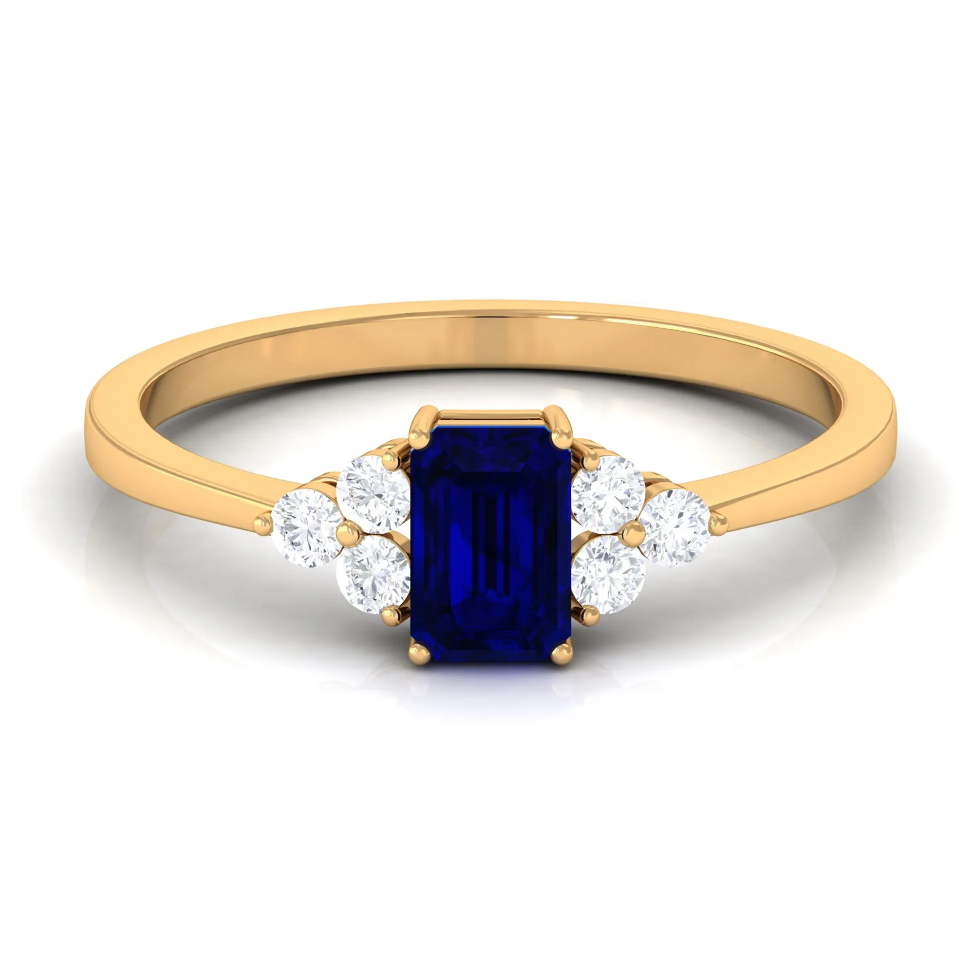 Emerald Cut Created Blue Sapphire Solitaire Ring with Diamond Trio