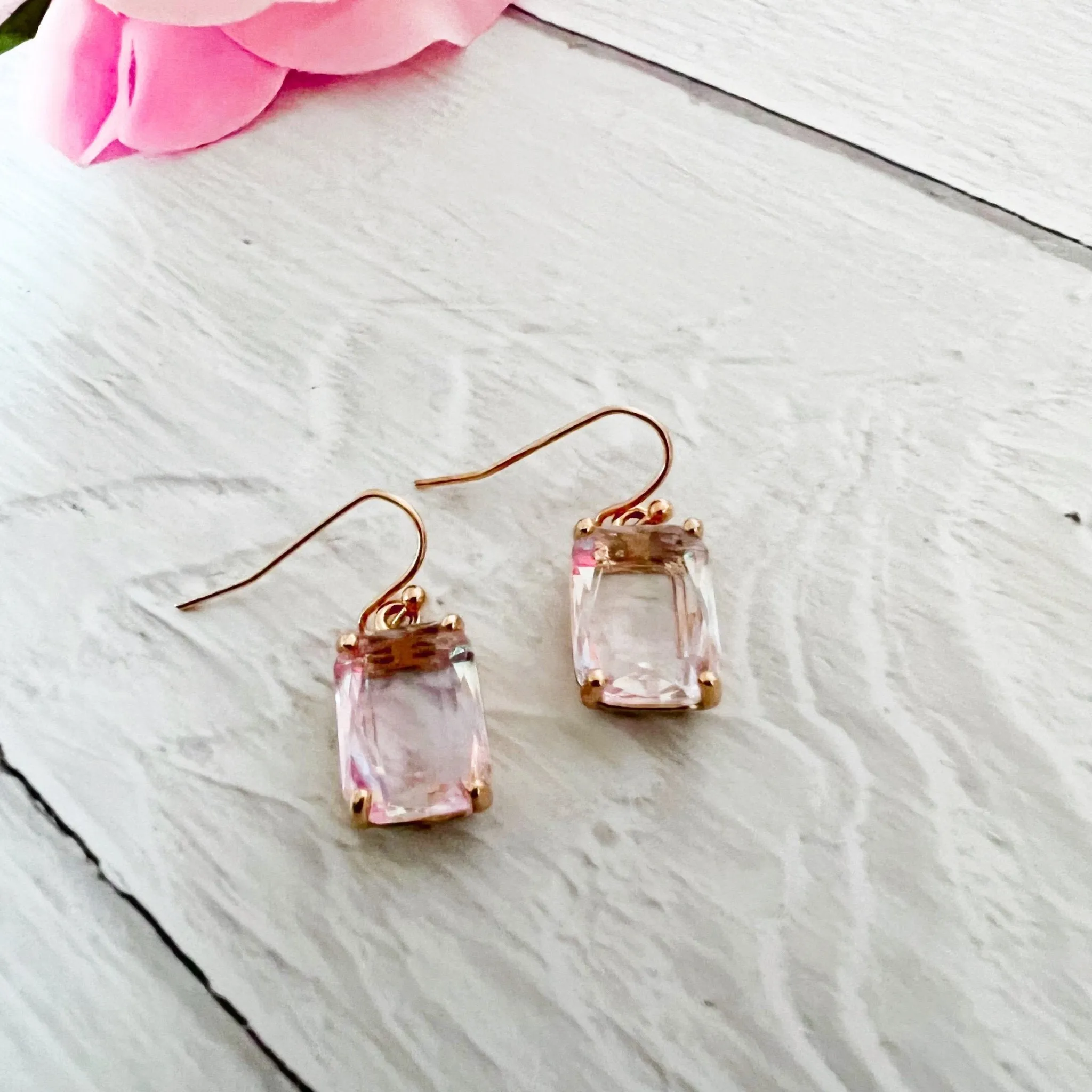 Emerald Cut Crystal Earrings Light Pink