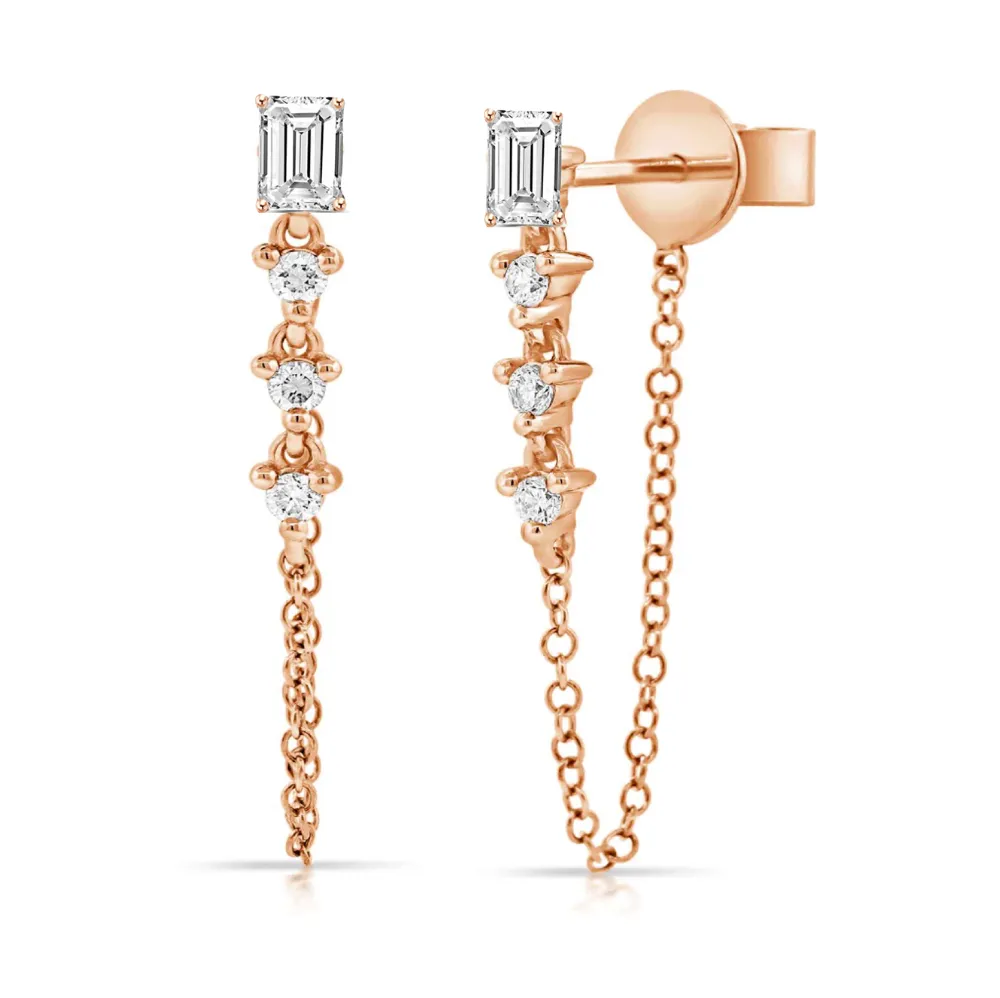 Emerald Cut Stud Statement Drop Link Chain Earrings