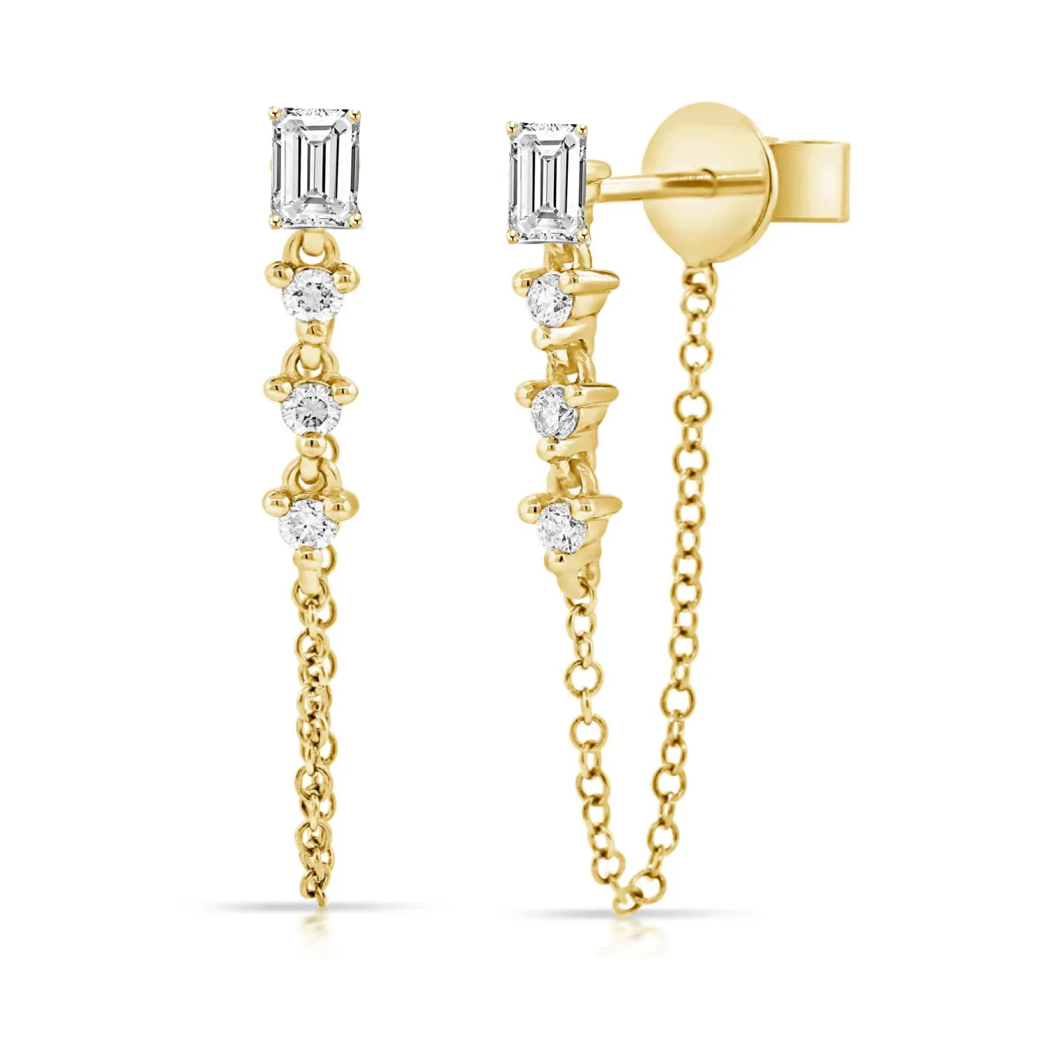 Emerald Cut Stud Statement Drop Link Chain Earrings