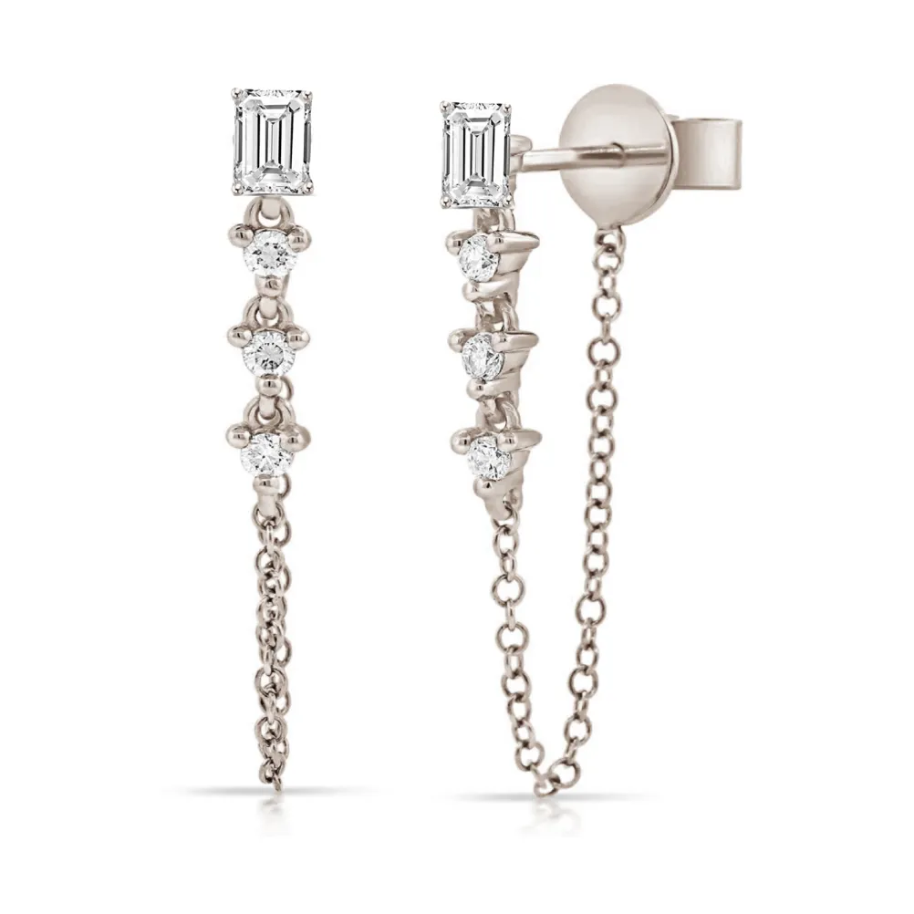 Emerald Cut Stud Statement Drop Link Chain Earrings