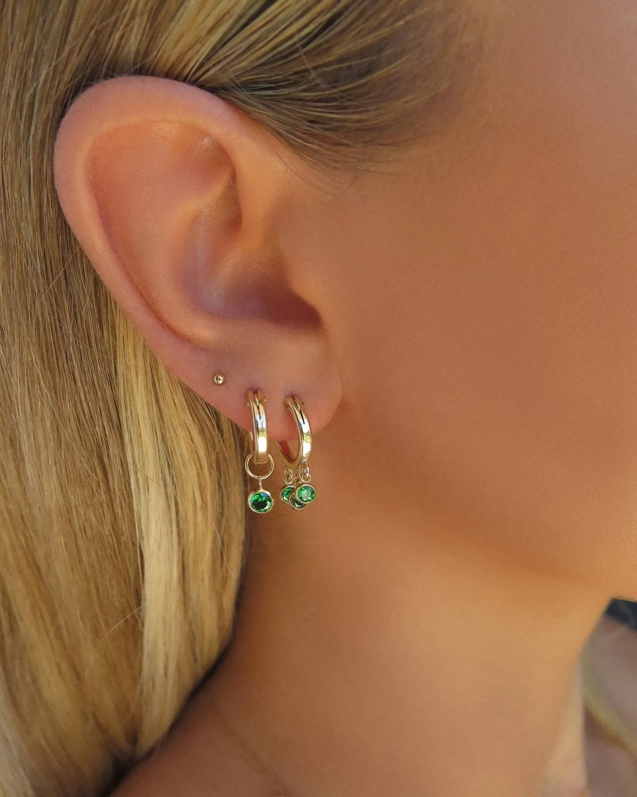 Emerald CZ Thick Hoop Earrings  - 14k Yellow Gold Fill