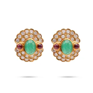 Emerald Diamond Ruby Yellow Gold Cluster Earrings