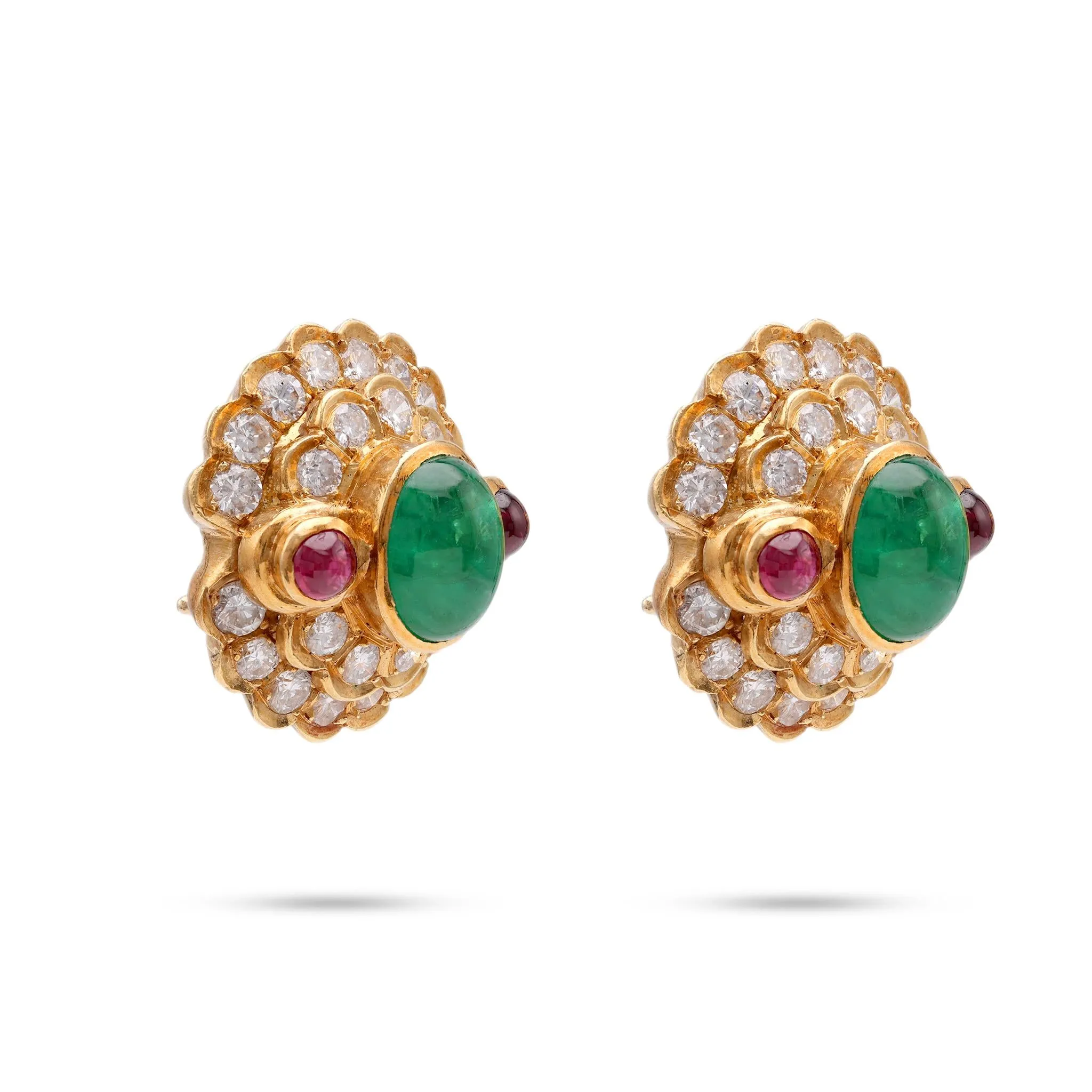 Emerald Diamond Ruby Yellow Gold Cluster Earrings