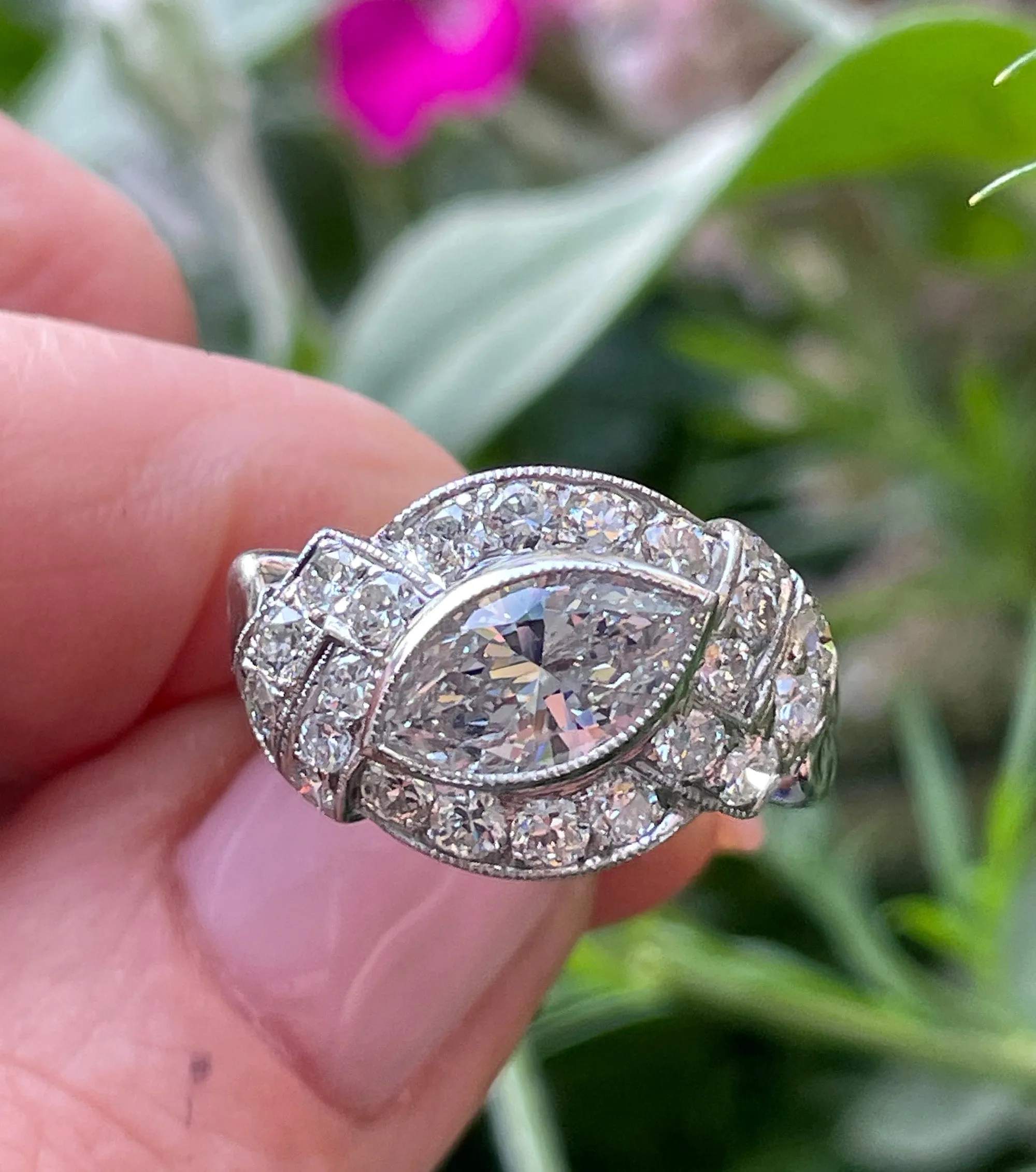 Exquisite Antique Art Deco 2.51ct Moval Marquise Cut Diamond PL Engagement Ring