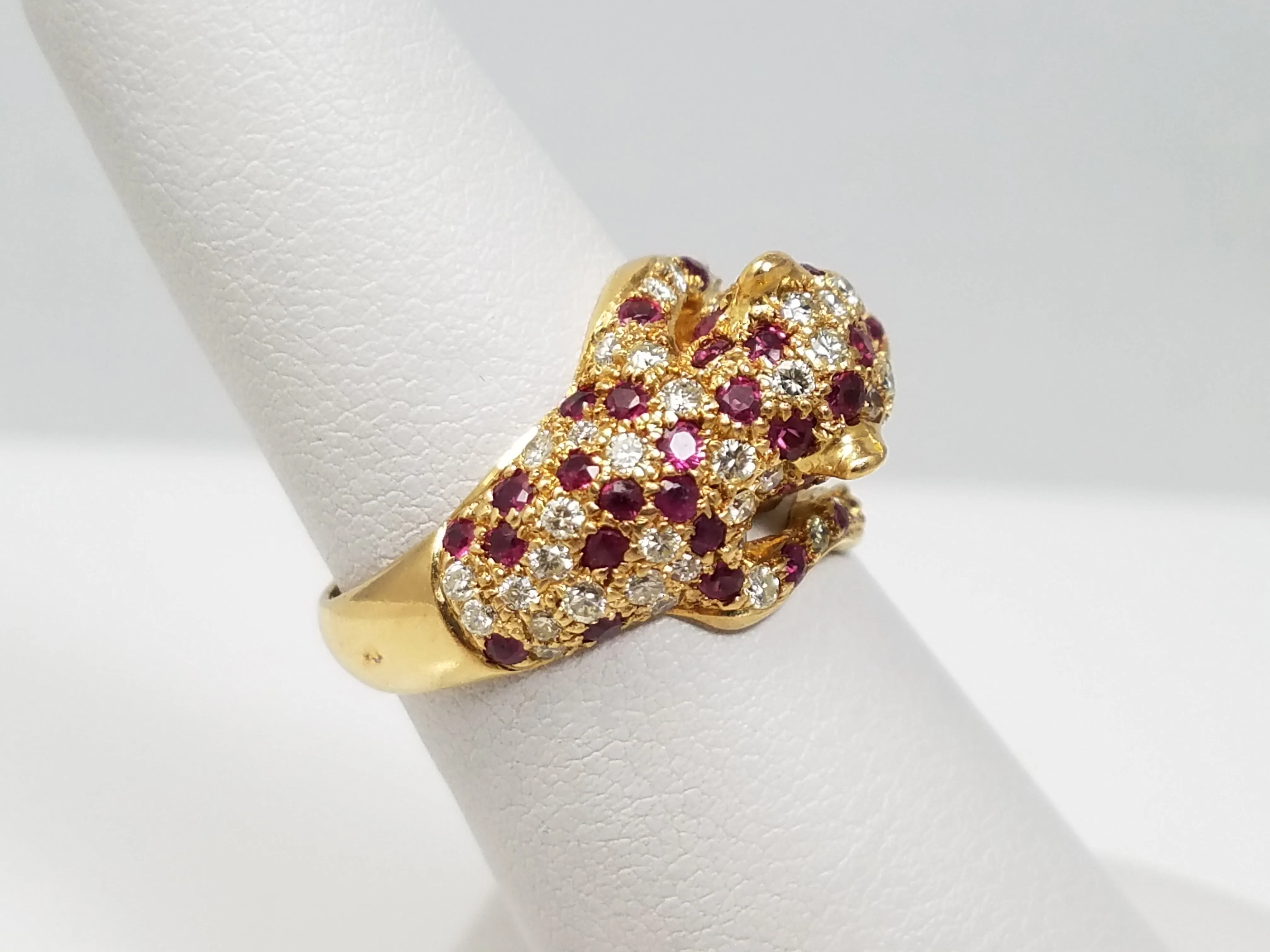 Ferocious 18k Yellow Gold Natural Ruby Diamond Leopard Ring