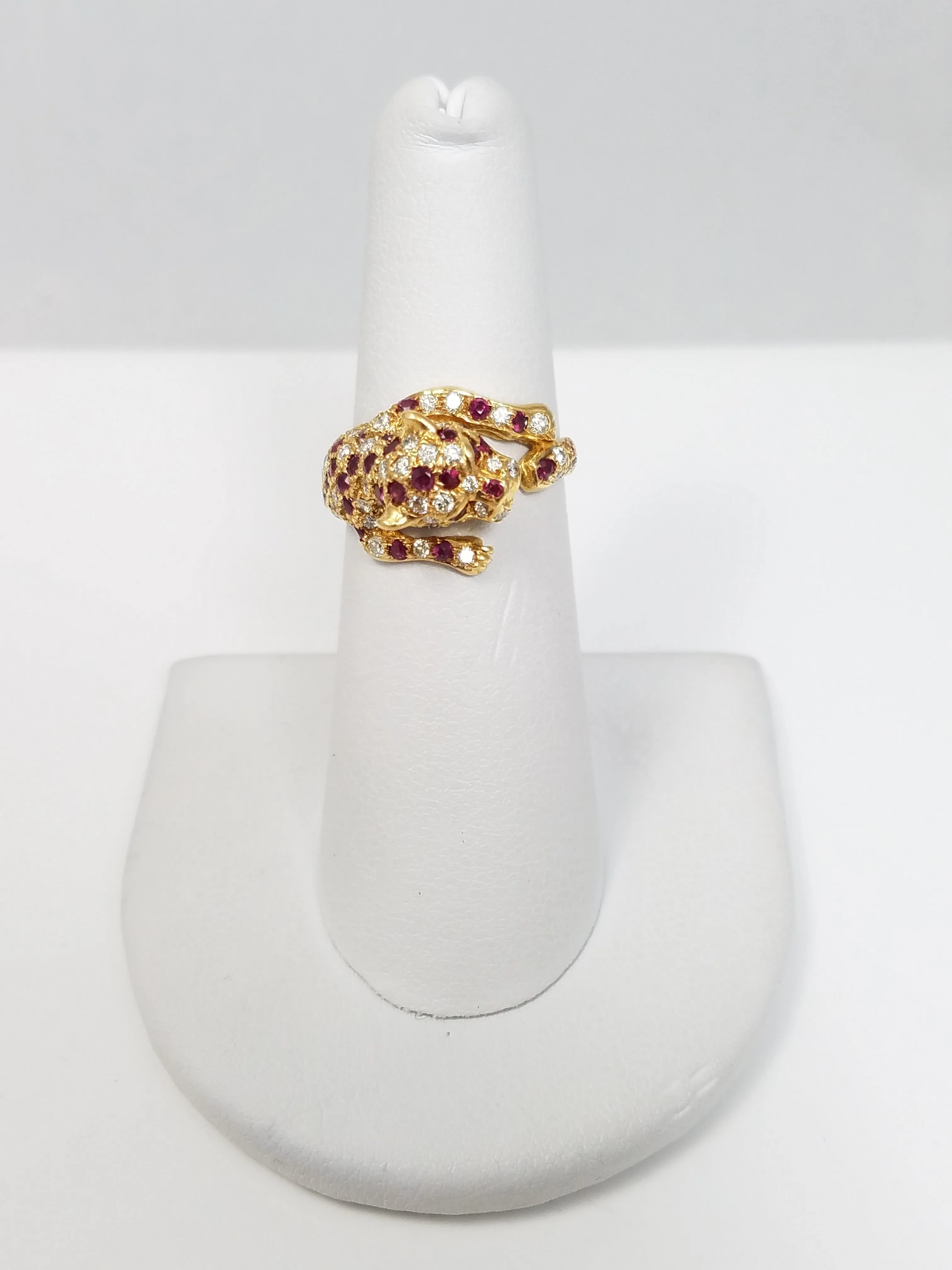 Ferocious 18k Yellow Gold Natural Ruby Diamond Leopard Ring