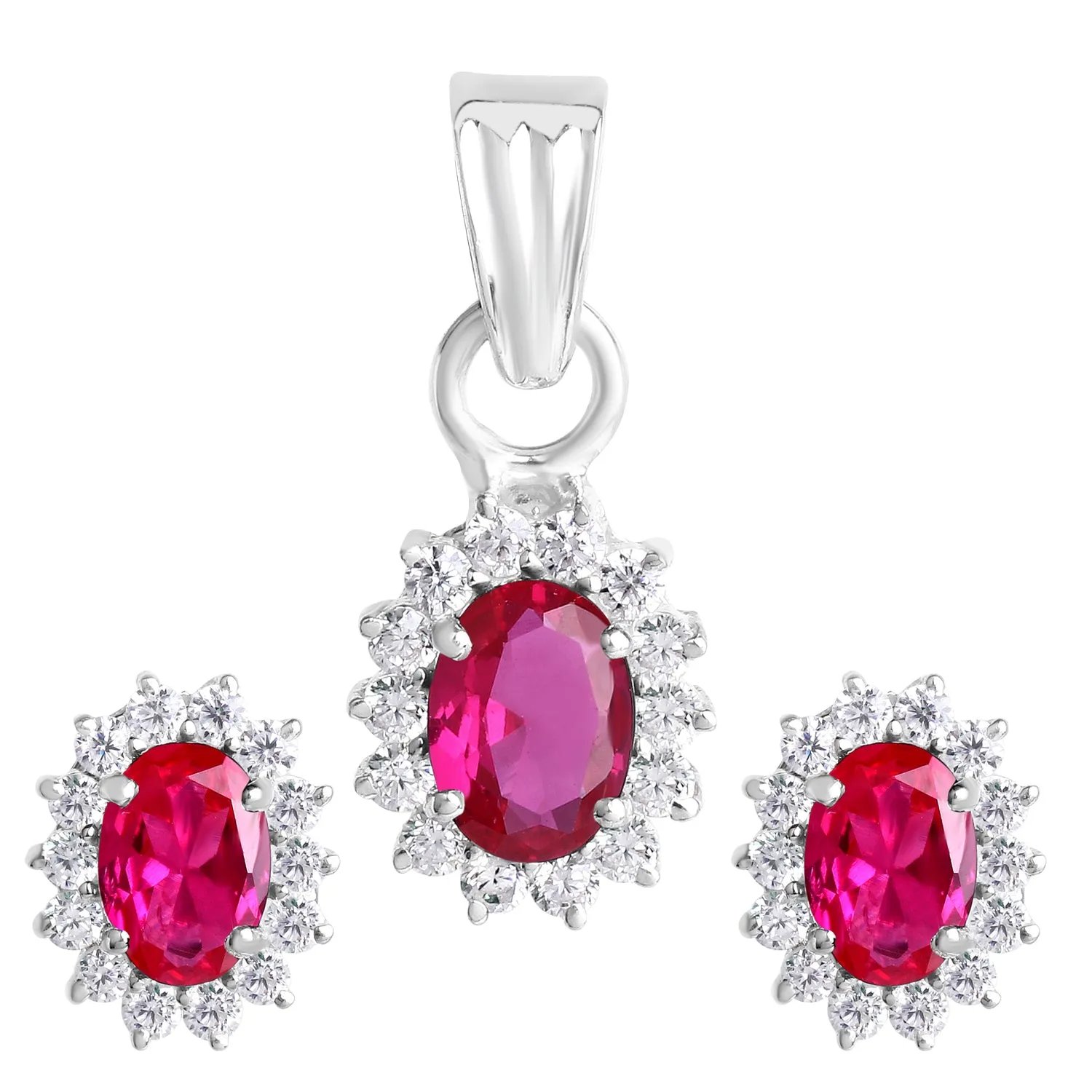 Floral Silver Earrings Pendant Set (Red)