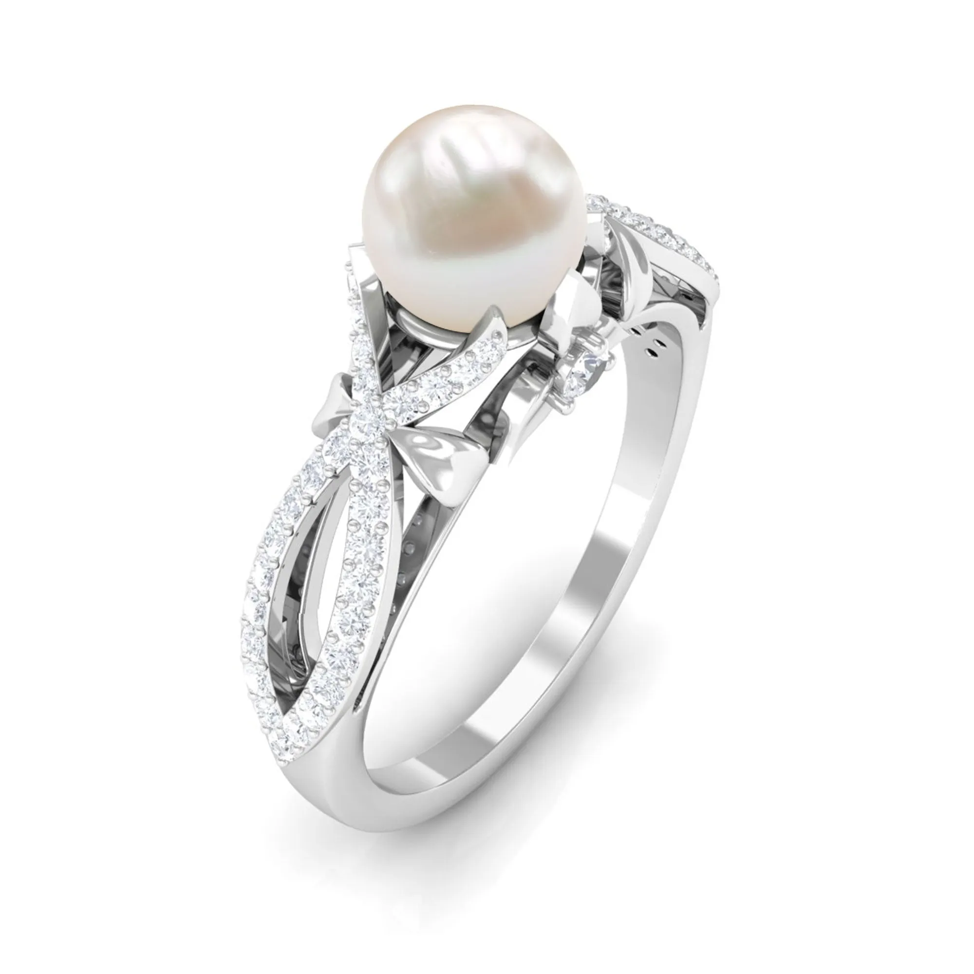 Freshwater Pearl and Diamond Crossover Engagement Ring