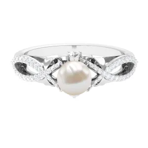 Freshwater Pearl and Diamond Crossover Engagement Ring