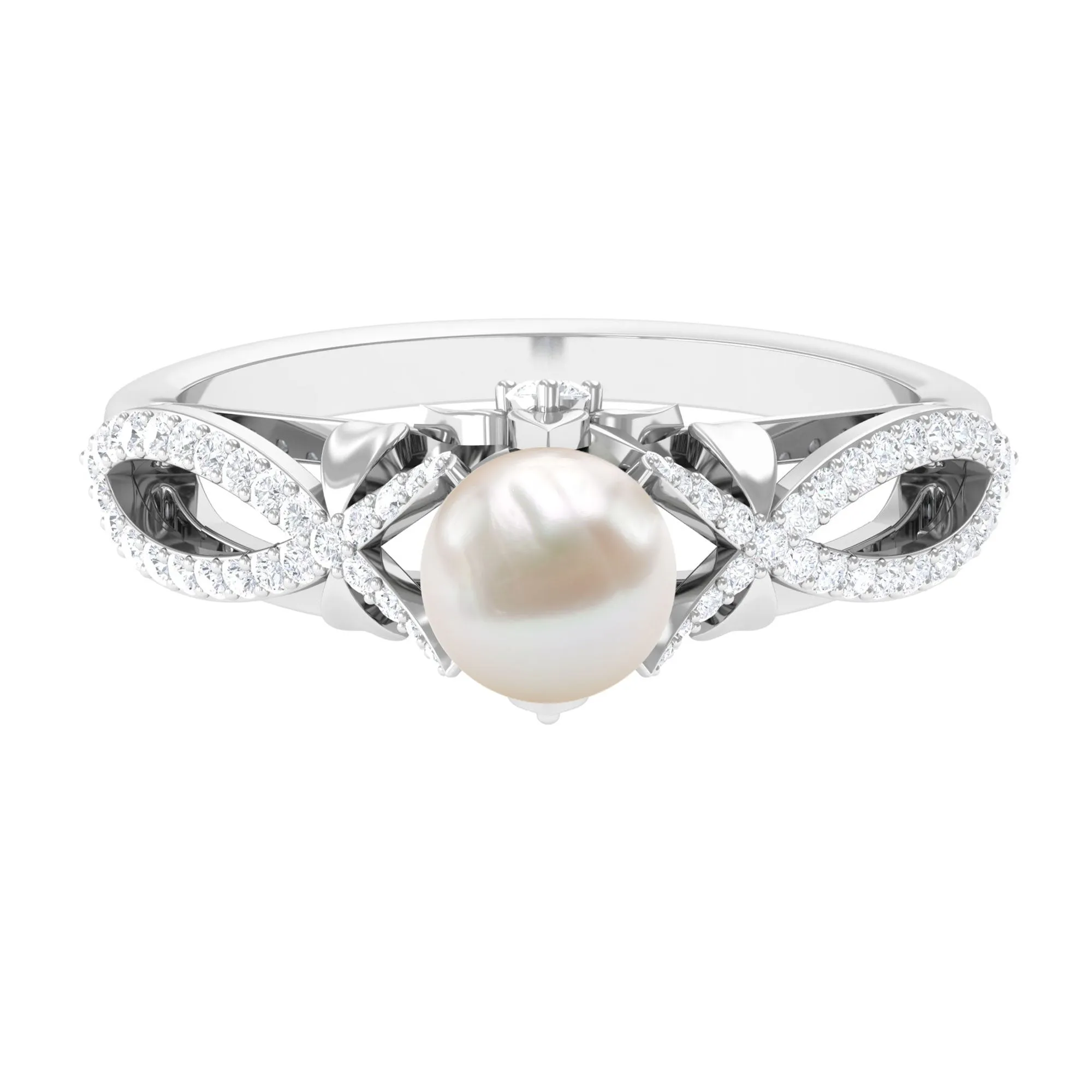 Freshwater Pearl and Diamond Crossover Engagement Ring