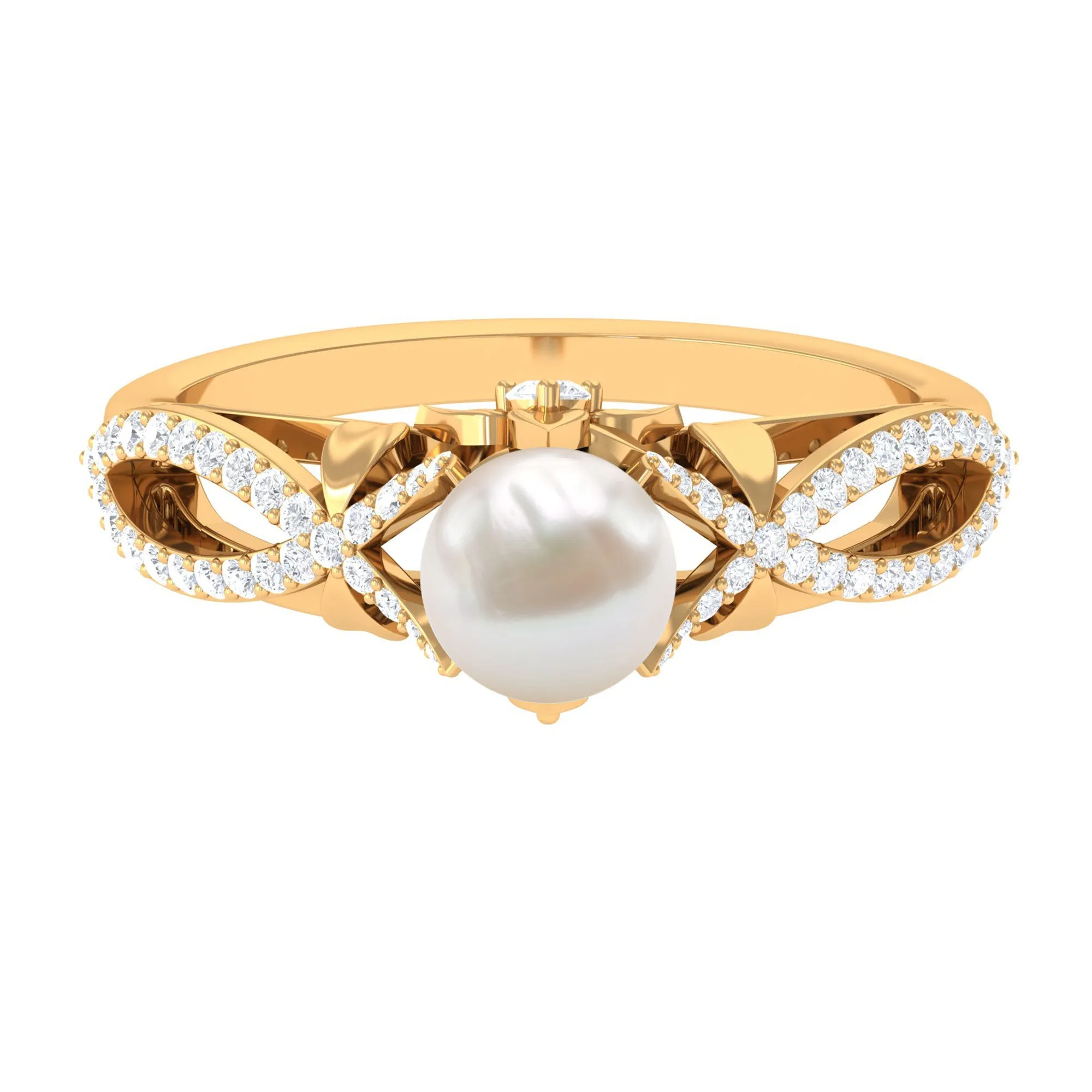 Freshwater Pearl and Diamond Crossover Engagement Ring