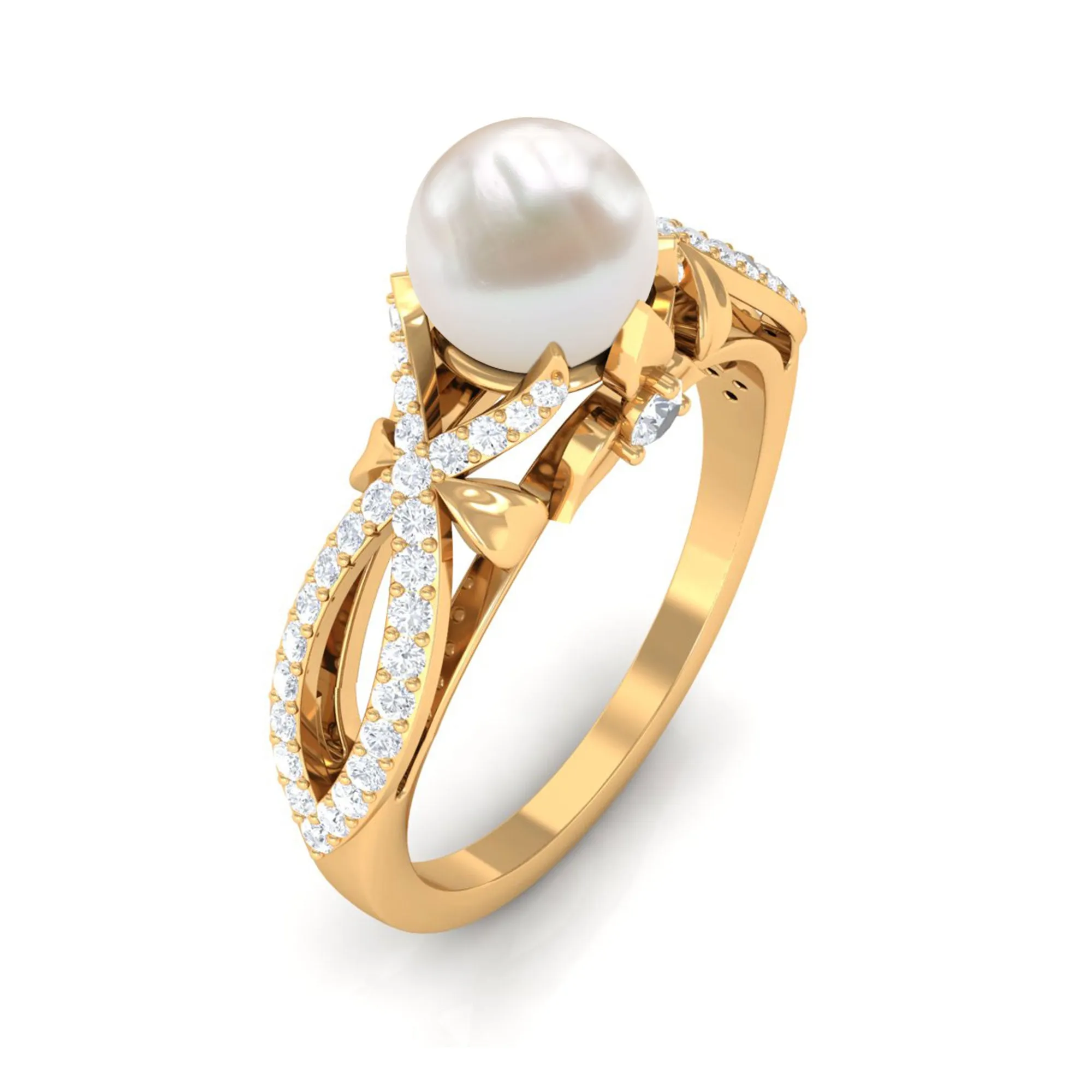 Freshwater Pearl and Diamond Crossover Engagement Ring