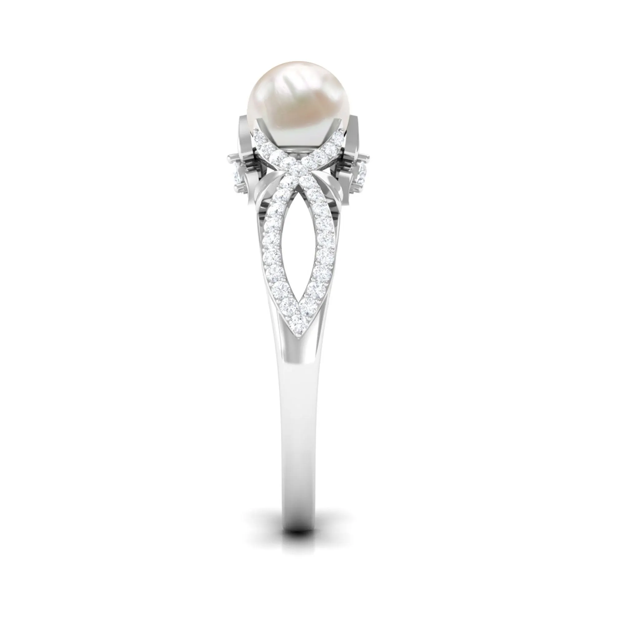 Freshwater Pearl and Diamond Crossover Engagement Ring