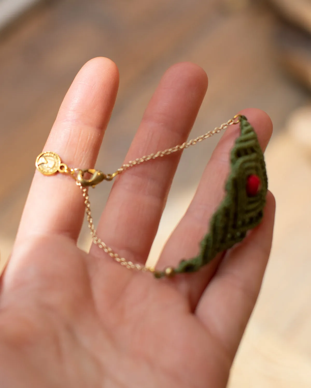 Geometric Coral & Green Macrame Bracelet Chain