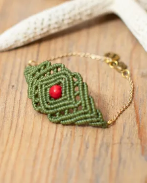 Geometric Coral & Green Macrame Bracelet Chain