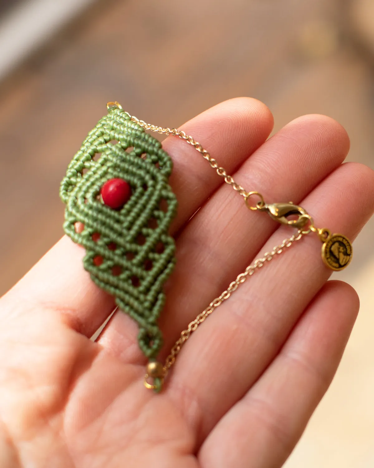 Geometric Coral & Green Macrame Bracelet Chain