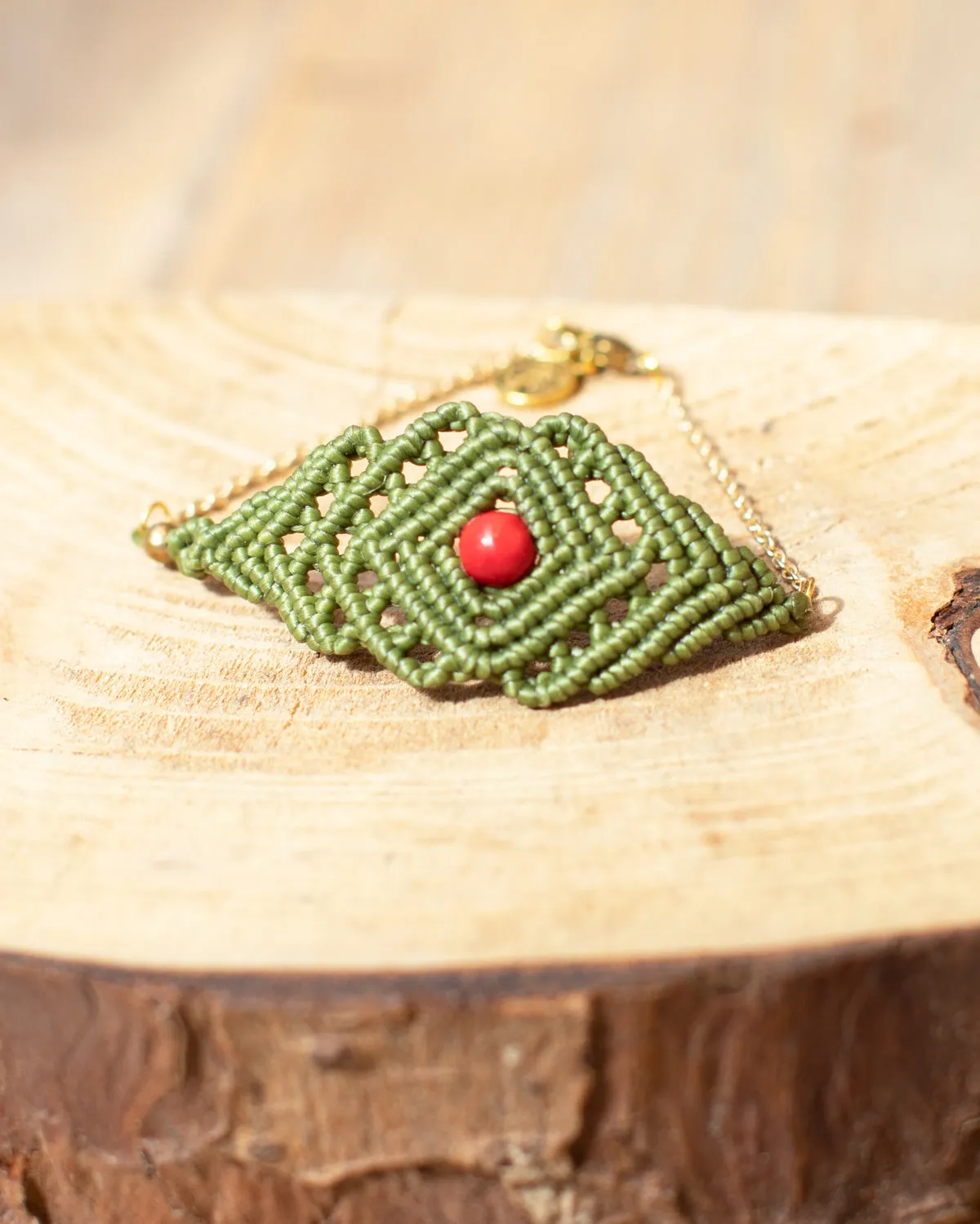 Geometric Coral & Green Macrame Bracelet Chain