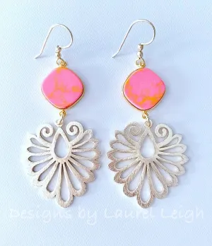 Gold Filigree & Pink Jasper Gemstone Drop Earrings