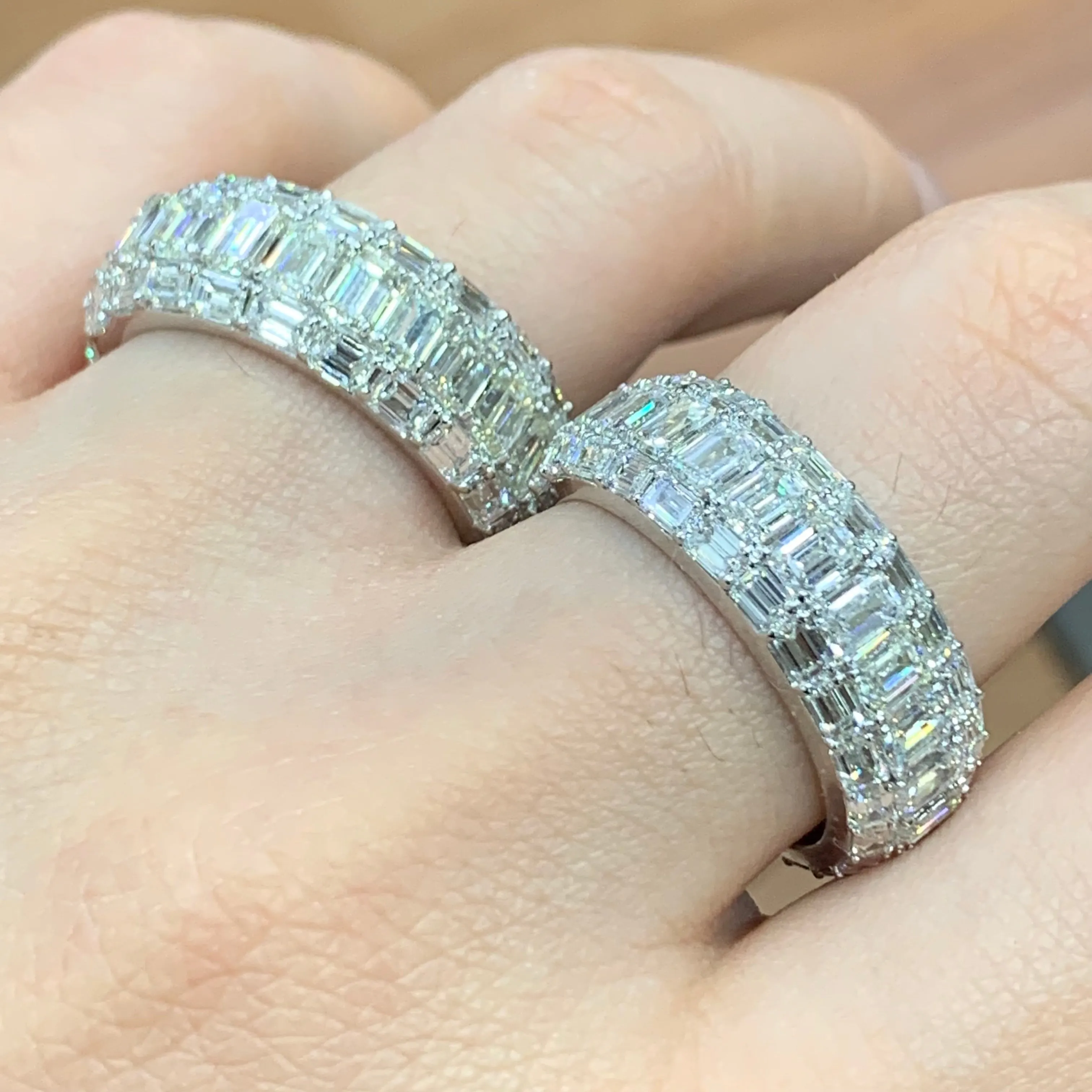 His & Hers 23.20ct Diamond 14k White Gold Eternity Band with Emerald Cut highlight VVS/VS clarity of diamonds