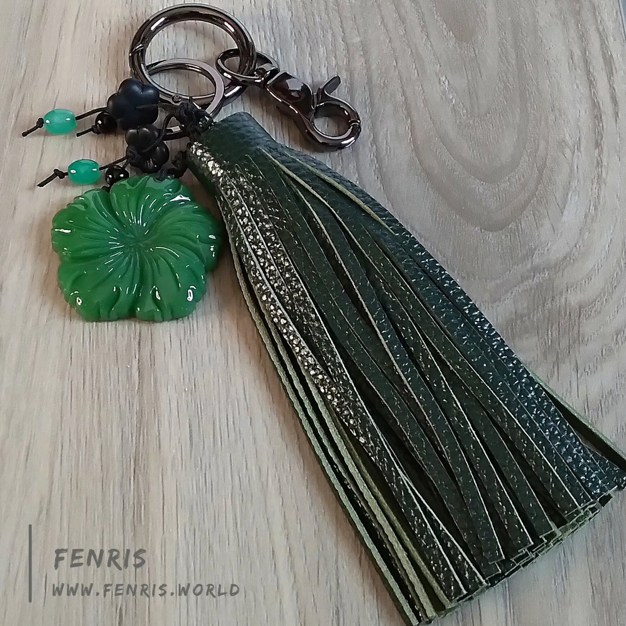 Jade Flower Key Chain Green Leather Tassel