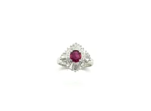 Ladies Platinum Diamond Baguette and Oval Ruby Ring