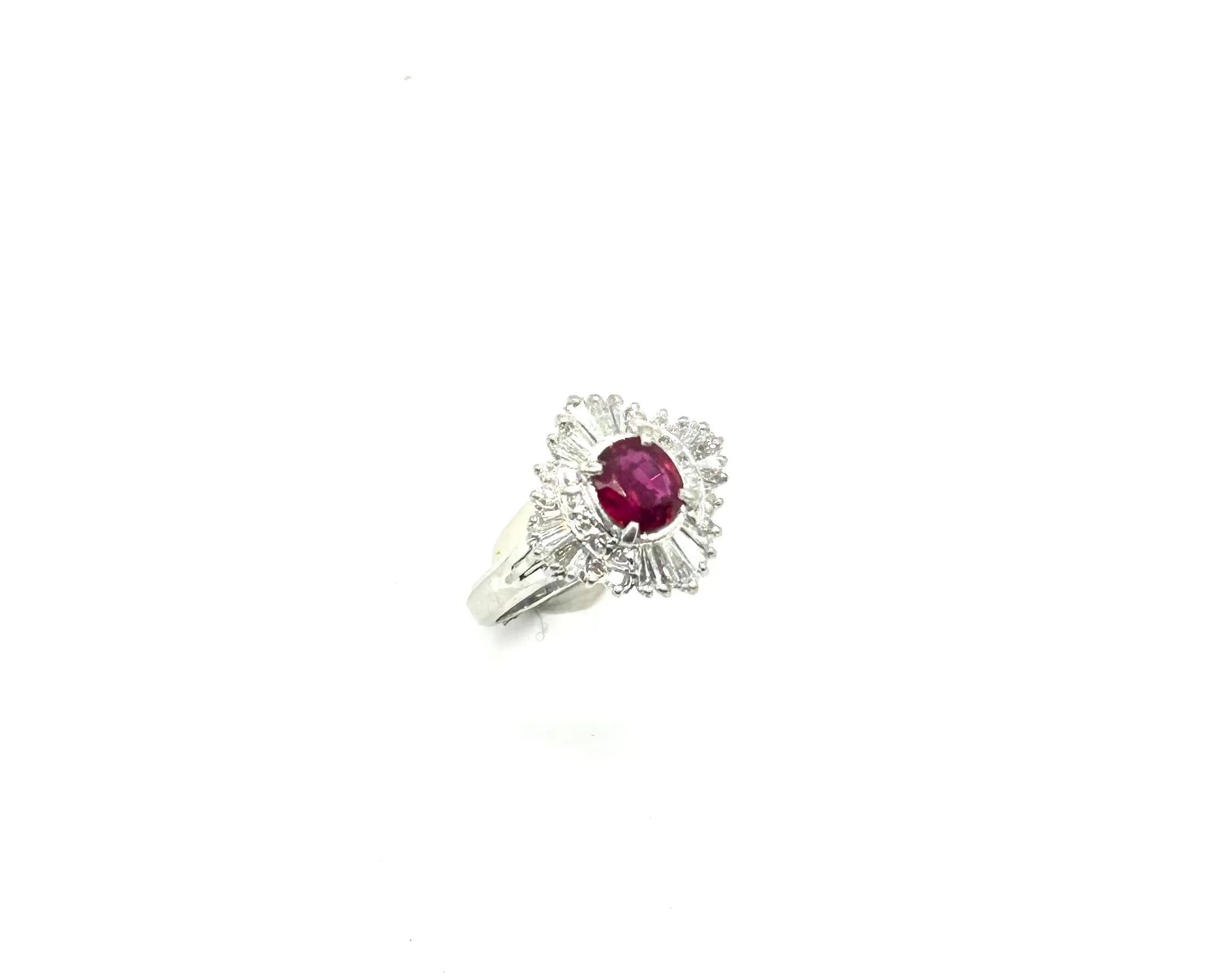 Ladies Platinum Diamond Baguette and Oval Ruby Ring