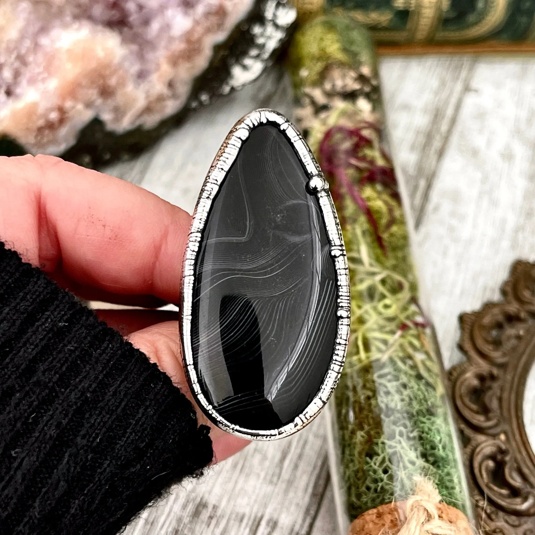 Large Natural Black Banded Agate Ring in Fine Silver/ Foxlark Collection Size 6 7 8 9 10